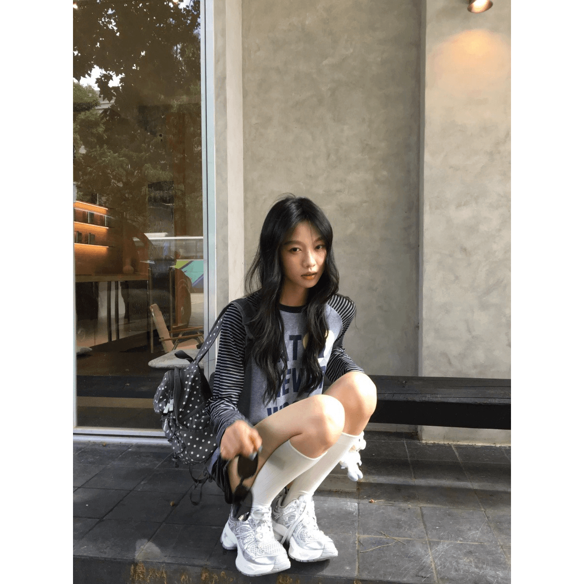 220 그램 순면 원본 컬러 짜임 스트라이프 패치워크 긴팔 티셔츠 이미지 5