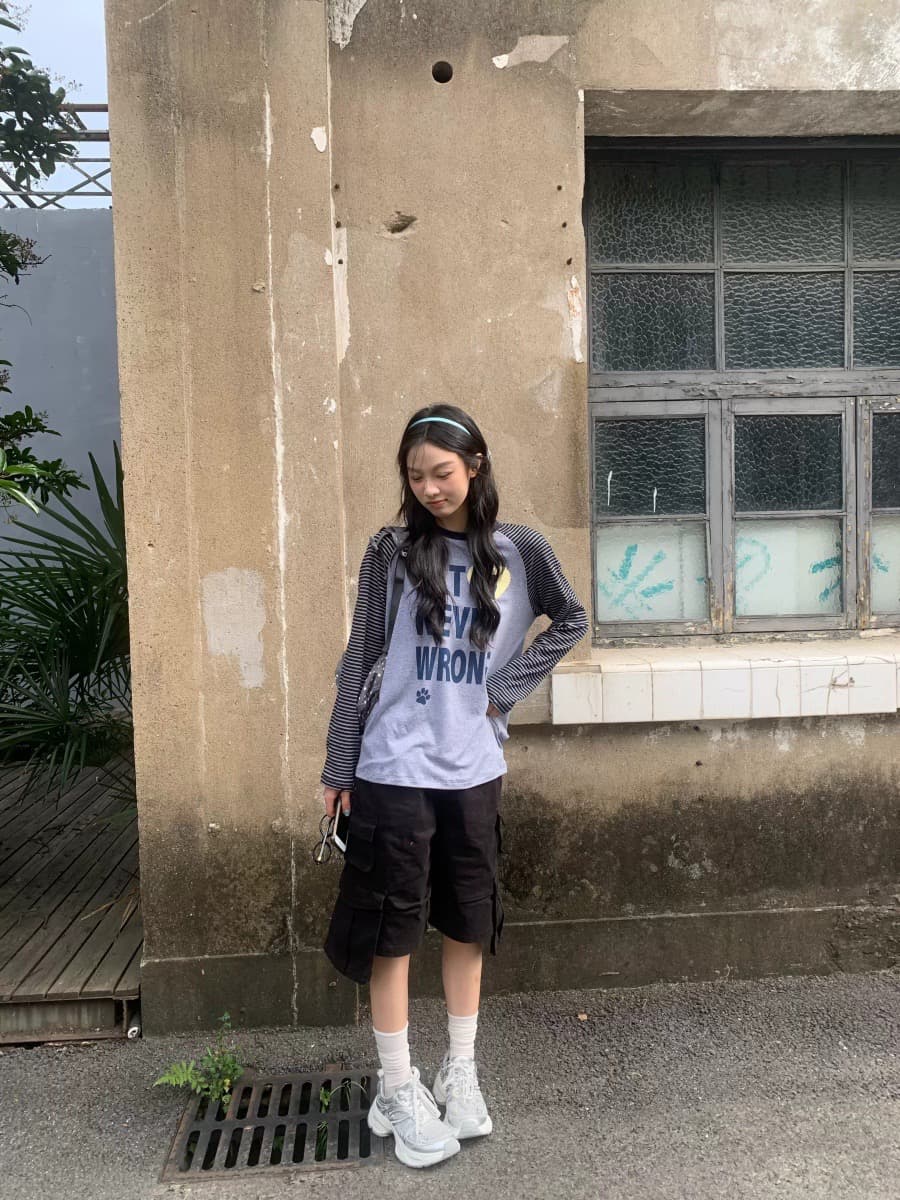 220 그램 순면 원본 컬러 짜임 스트라이프 패치워크 긴팔 티셔츠 상세 이미지 1