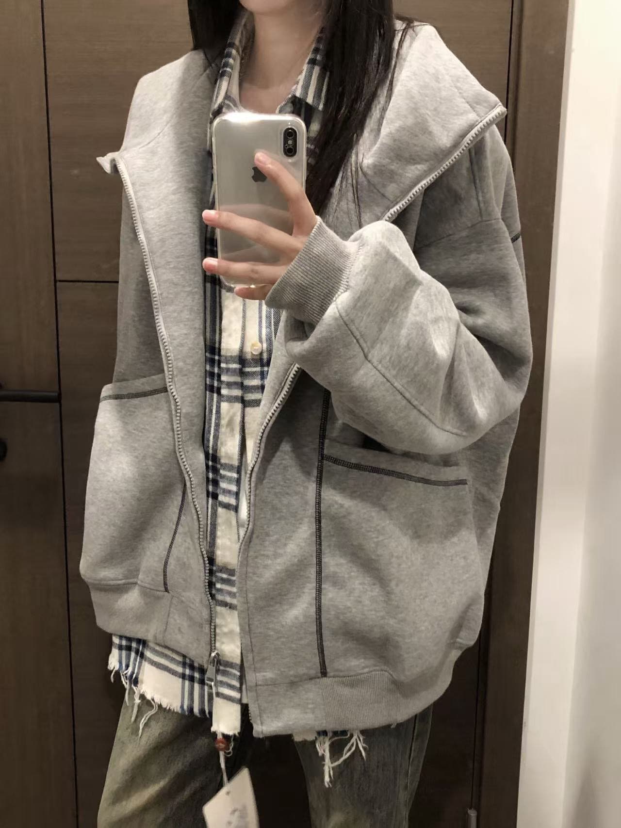얇은 스타일 털이 있는 원본 분할 명중 인터넷 이후 패키지 칼라 순수한 Mianhua 면 복합 재킷 후드티 상세 이미지 1