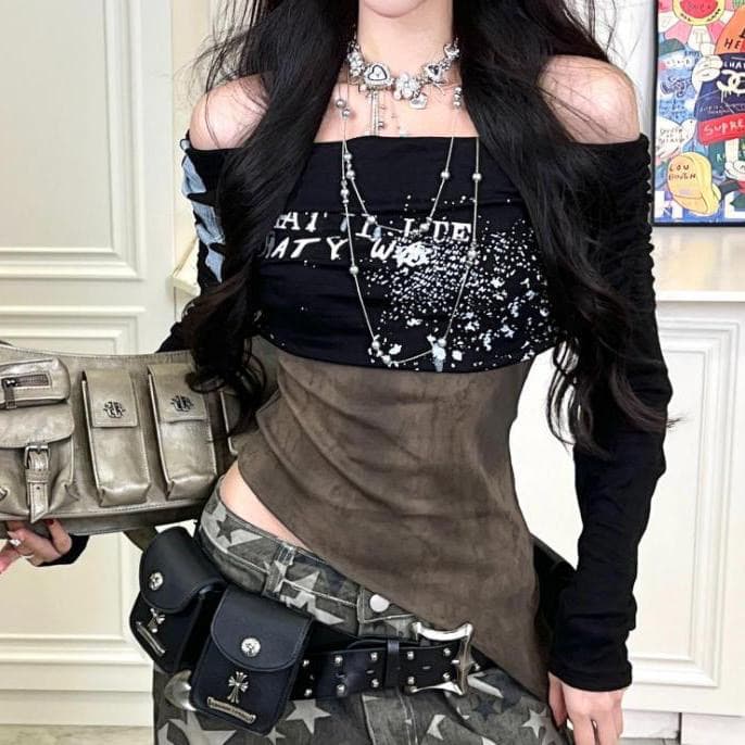 아메리칸 핫걸 레트로 패치워크 y2k 긴팔 티셔츠 여성 블라우스 페이크 레이어드 슬림해 보이는 오프숄더 디자인 센스 허리 수축 맨위