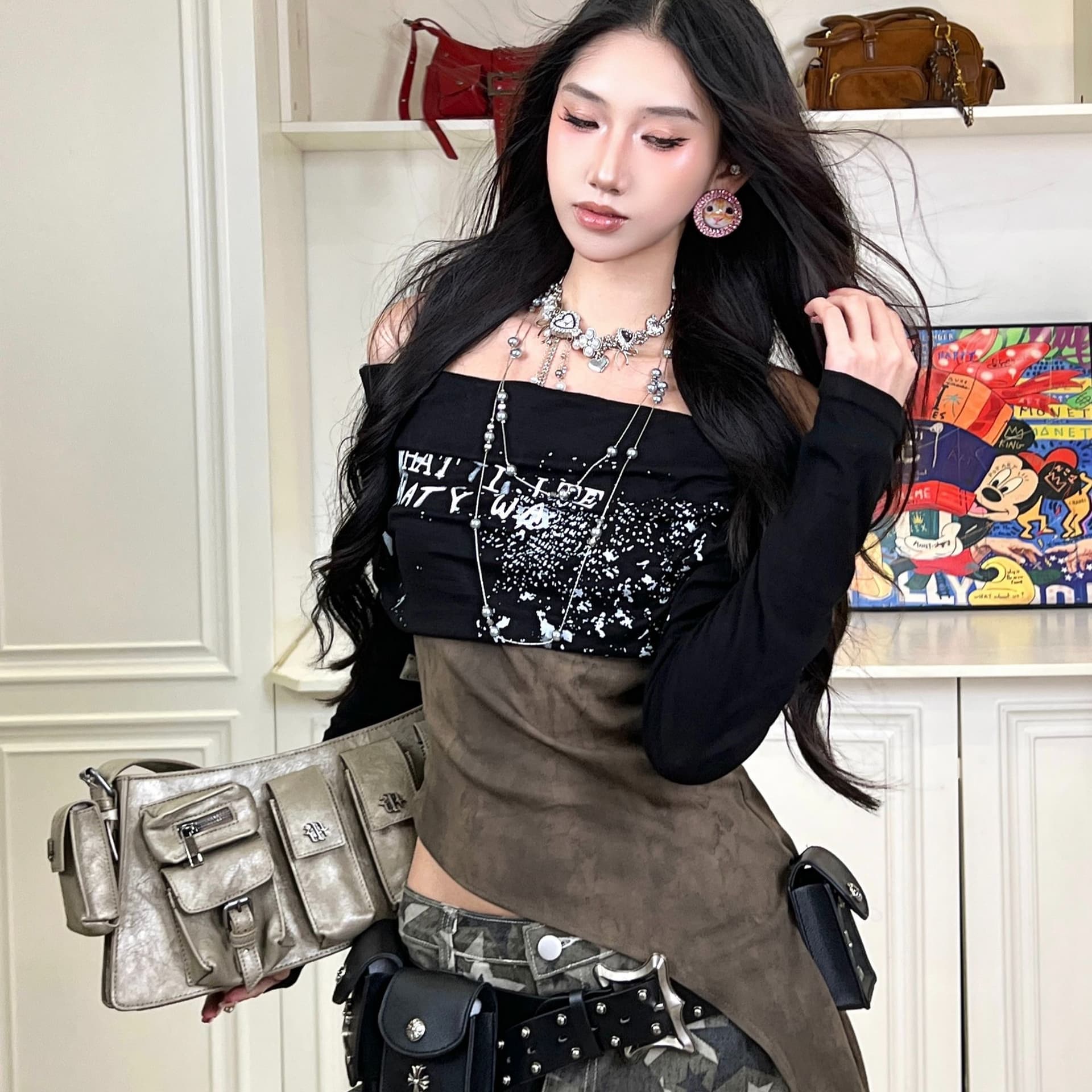 아메리칸 핫걸 레트로 패치워크 y2k 긴팔 티셔츠 여성 블라우스 페이크 레이어드 슬림해 보이는 오프숄더 디자인 센스 허리 수축 맨위 이미지 4