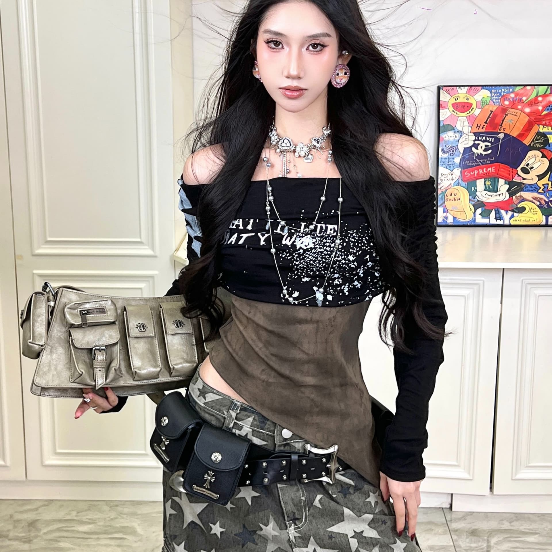 아메리칸 핫걸 레트로 패치워크 y2k 긴팔 티셔츠 여성 블라우스 페이크 레이어드 슬림해 보이는 오프숄더 디자인 센스 허리 수축 맨위 상세 이미지 2