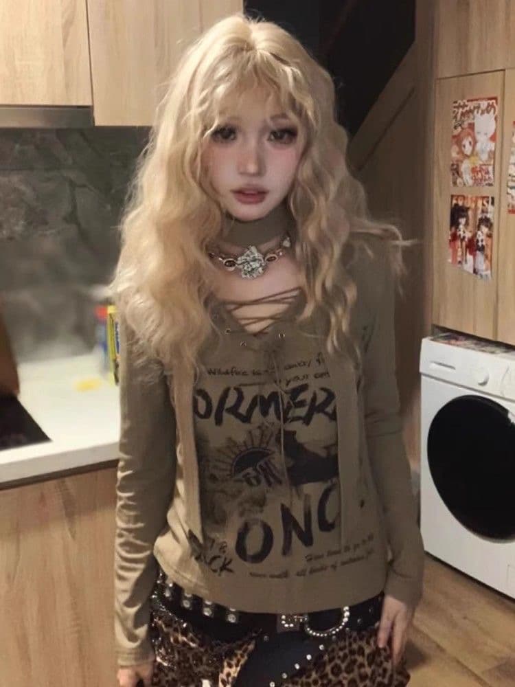 아메리칸 핫걸 레트로 마 오래된 알파벳 프린트 가을 긴팔 V넥 오픈 가디건 티셔츠 디자인 센스 외부 가져 가라. 슬림해 보이는 맨위 이미지 2