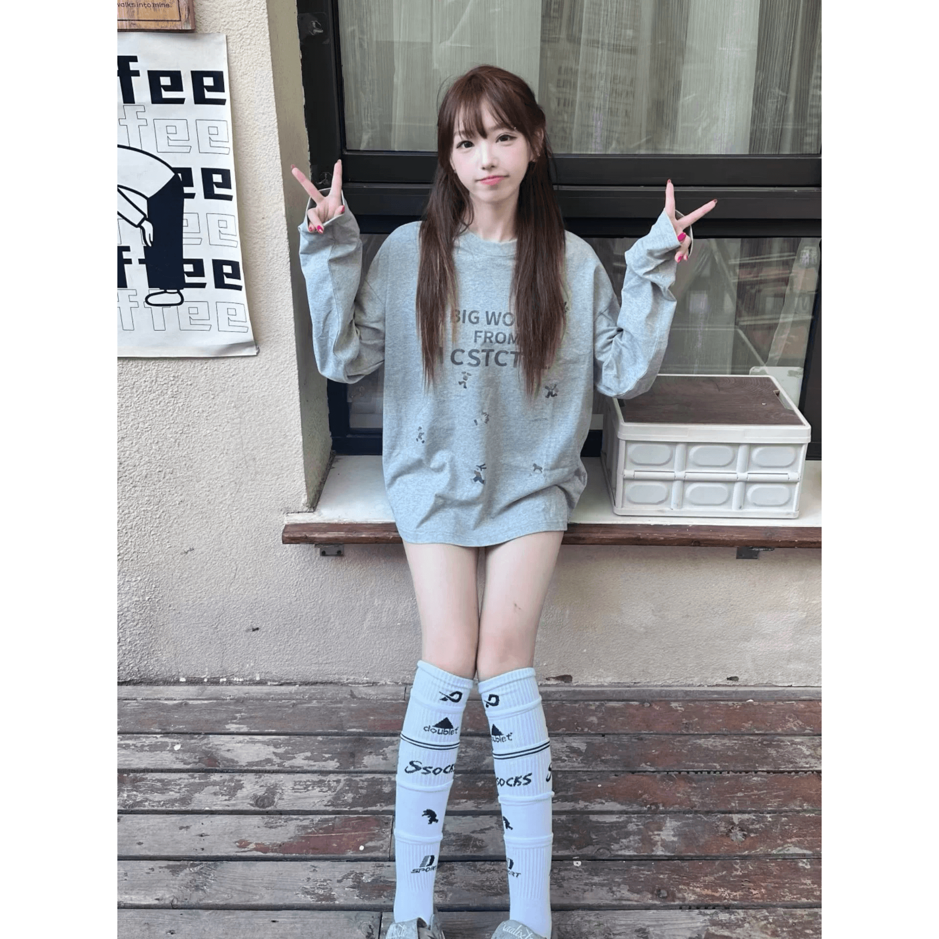 아메리칸 레트로 학원 스타일 회색 긴팔 티셔츠 여성 가을 알파벳 프린트 무거운 순면 루즈핏 캐주얼 맨위 이미지 5