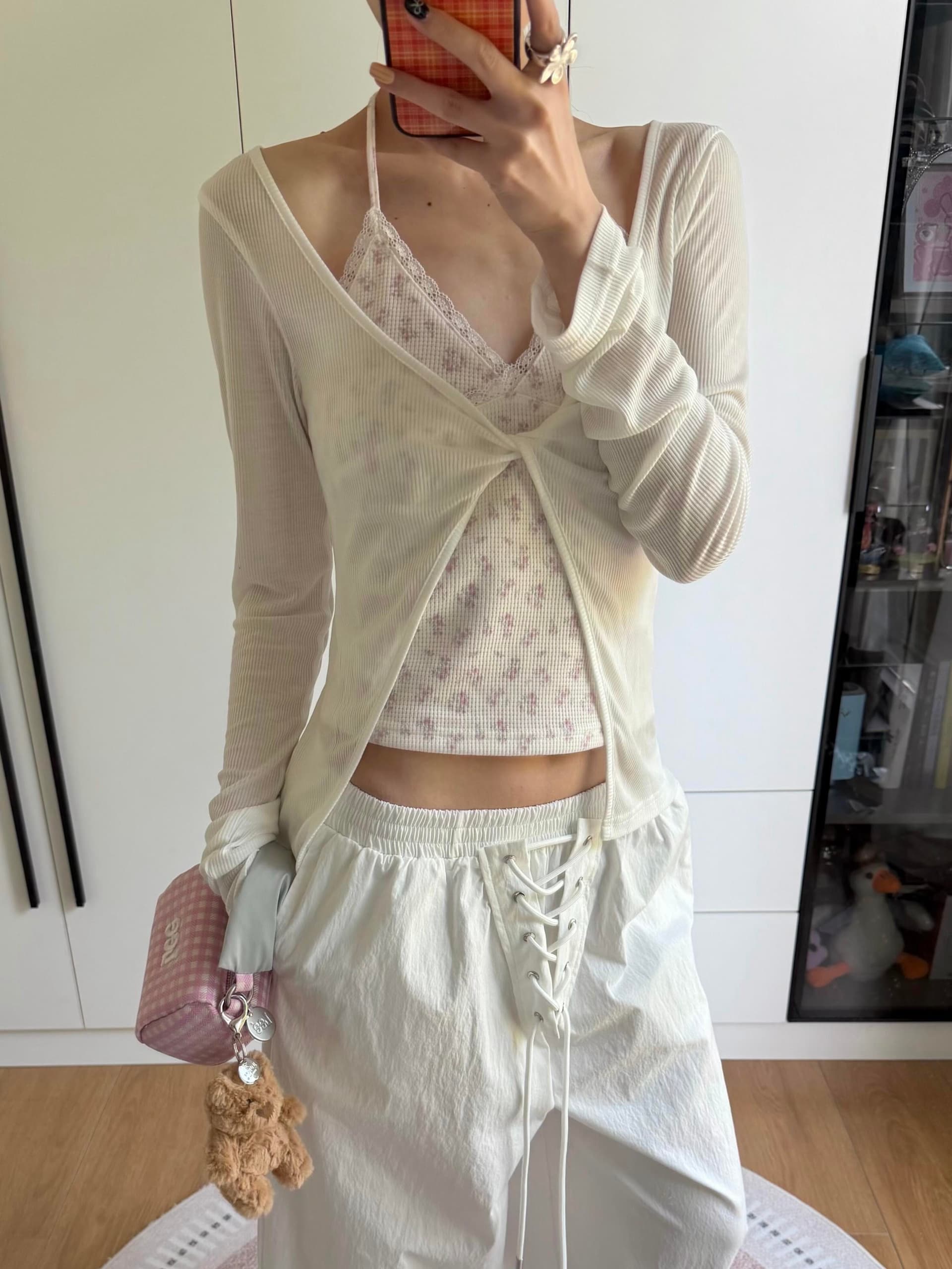 한 부서 순수한 욕망 세트 여성 여름 레이스 레이스 꽃무늬 행침 목 캐미솔 비틀림 자외선 차단 오픈 가디건 투피스 세트 이미지 4