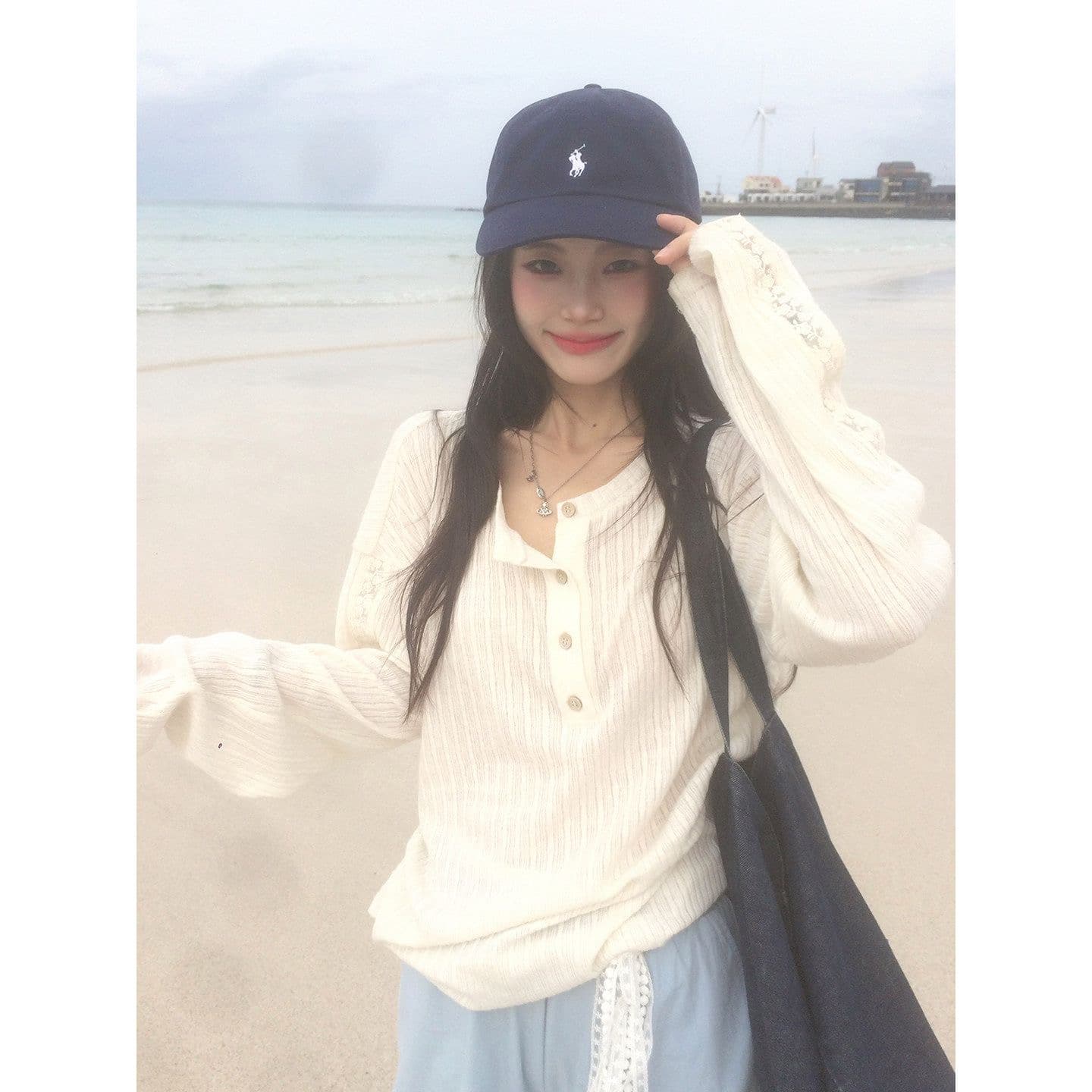 원본 원단 한 부서 화이트 반 개방 칼라 자외선 차단 블라우스 티셔츠 여성 여름 로드 중 느긋한 바람 얇고 가벼운 긴팔 맨위 이미지 2