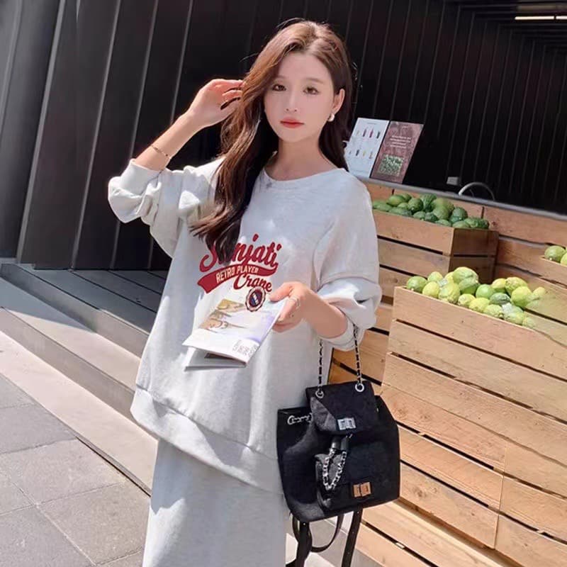 항구 바람 작은 대중 다용도 루즈핏 풀오버 스웨트셔츠 캐주얼 반신 스커트 패션 투피스 세트 이미지 4