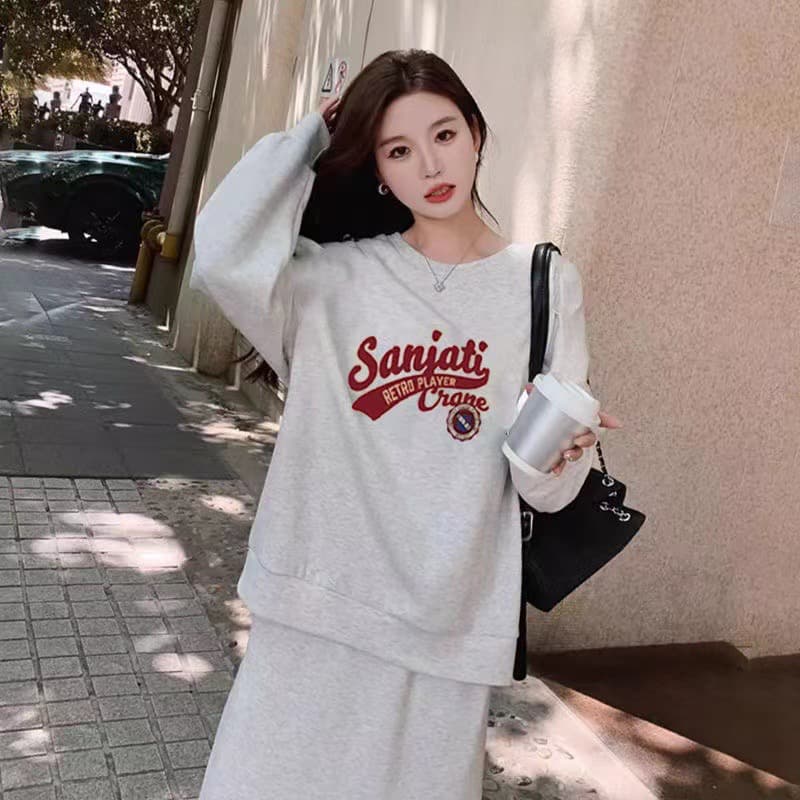 항구 바람 작은 대중 다용도 루즈핏 풀오버 스웨트셔츠 캐주얼 반신 스커트 패션 투피스 세트 이미지 5