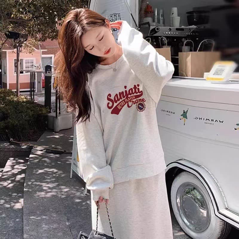 항구 바람 작은 대중 다용도 루즈핏 풀오버 스웨트셔츠 캐주얼 반신 스커트 패션 투피스 세트 상세 이미지 1