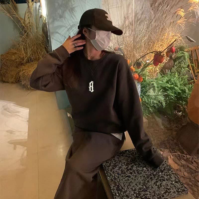 항구 바람 작은 대중 다용도 루즈핏 풀오버 스웨트셔츠 캐주얼 반신 스커트 패션 투피스 세트 이미지 2