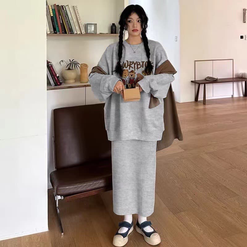 항구 바람 작은 대중 다용도 루즈핏 풀오버 스웨트셔츠 캐주얼 반신 스커트 패션 투피스 세트