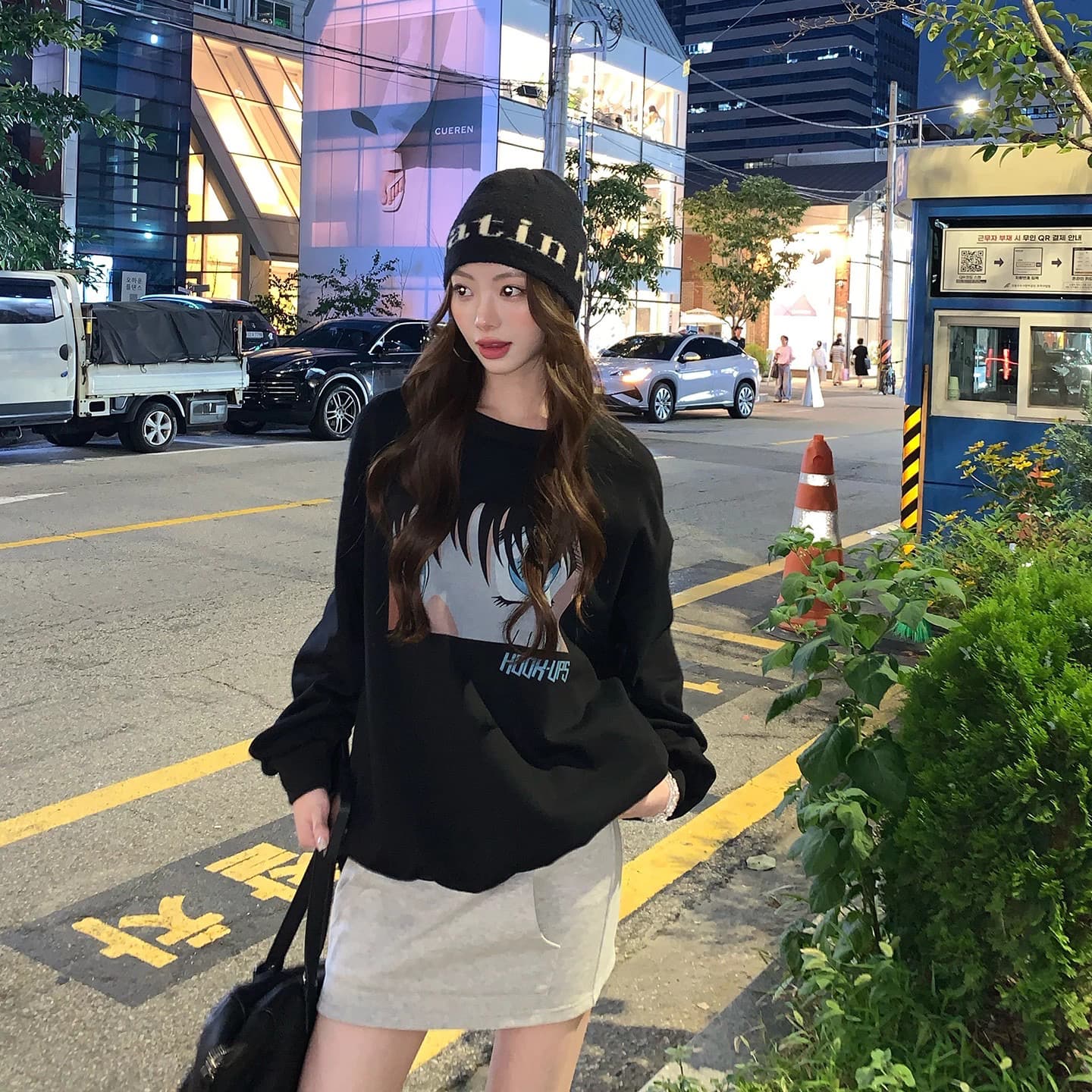 후아 면 복합 프린트 라운드 넥 후드티 여성 얇은 스타일 털이 있는 이미지 4