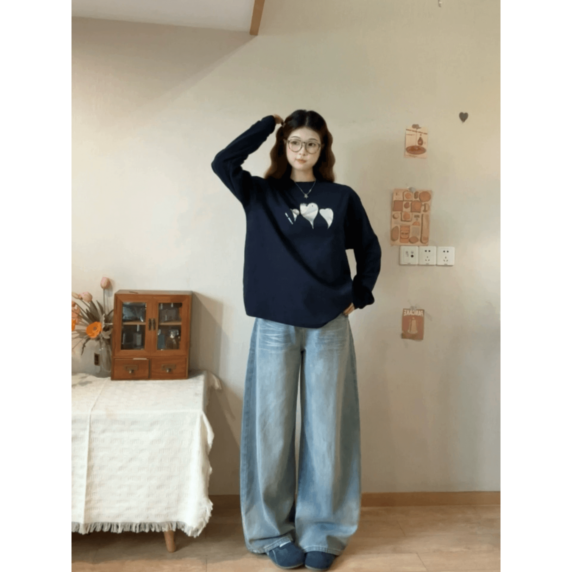 21 순면 이후 패키지 칼라 인쇄 꽃다발 구두 긴팔 티셔츠 여성 루즈핏 순면 라운드 넥 맨위 이미지 5