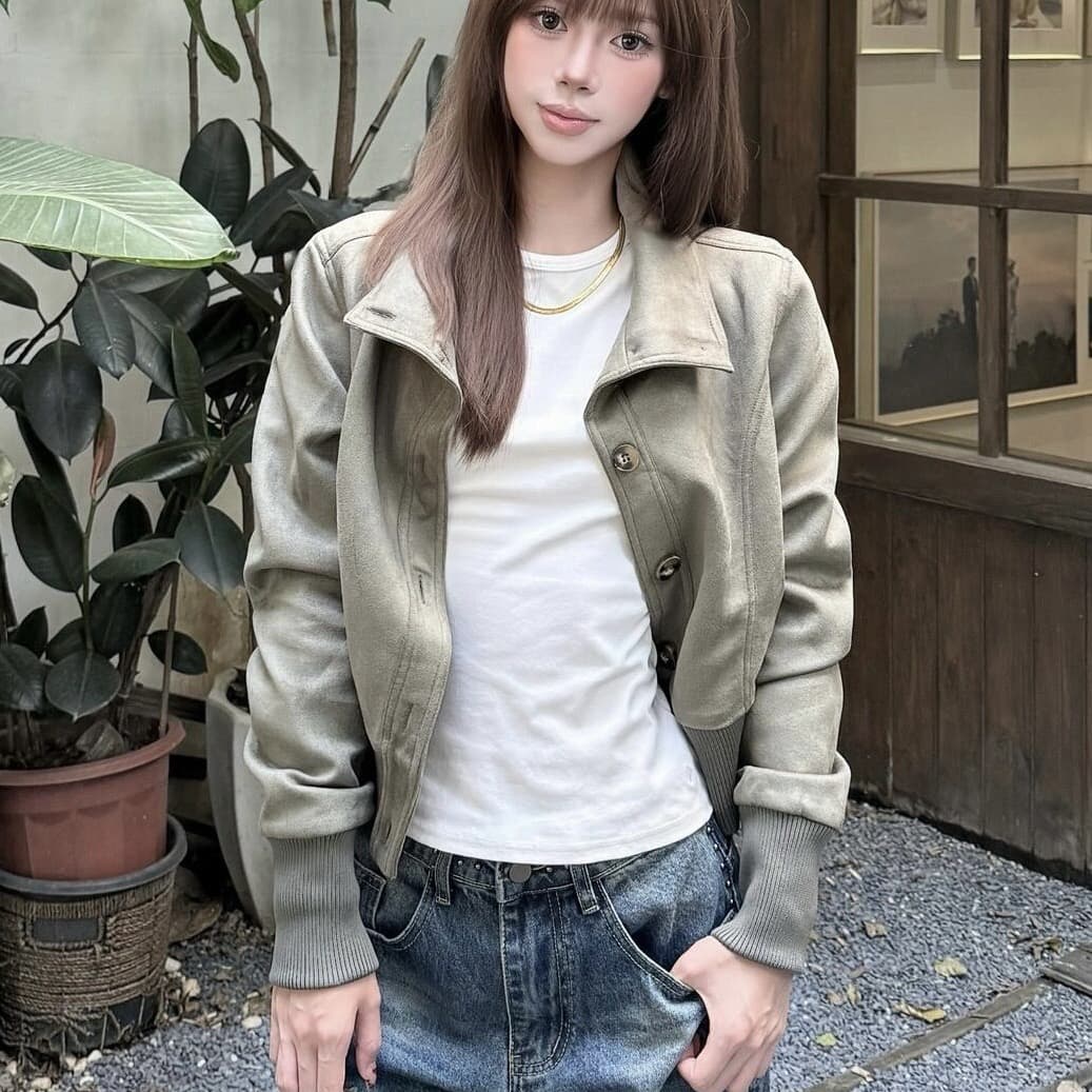 원본 올린 사람 : 에디션 스웨이드 원단 있음 자수 표준 스탠드 칼라 스웨이드 질감 재킷 여성 이미지 2