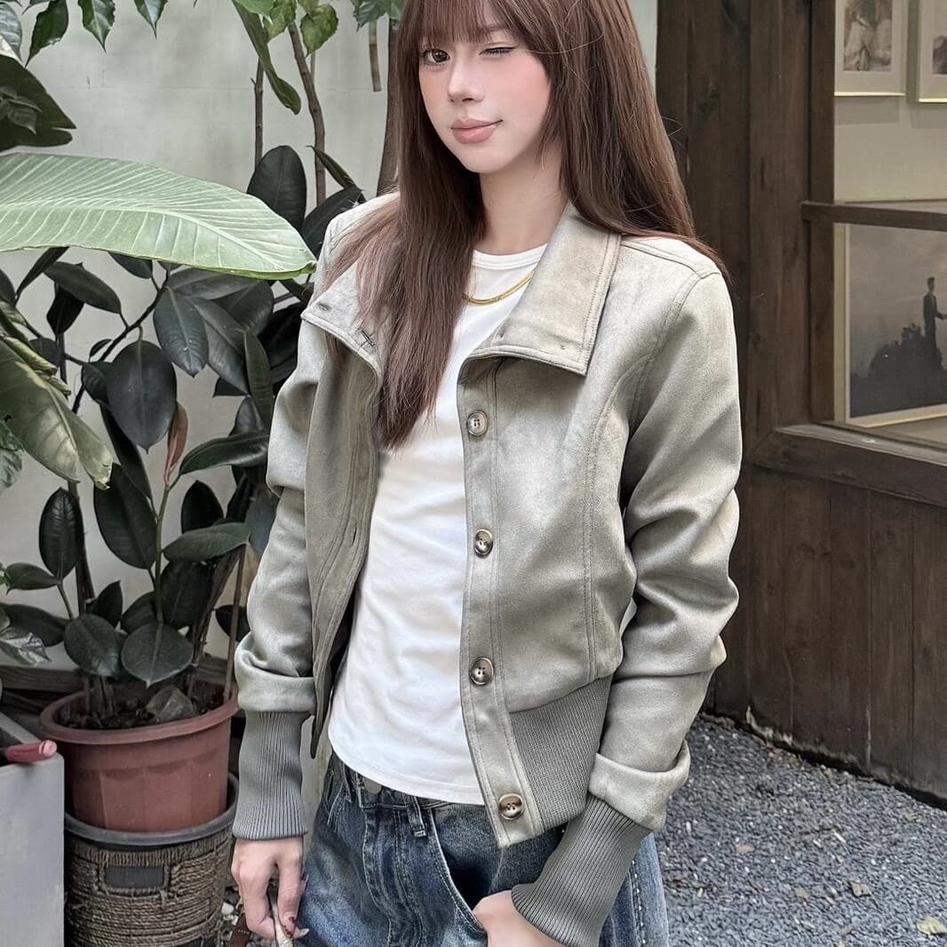 원본 올린 사람 : 에디션 스웨이드 원단 있음 자수 표준 스탠드 칼라 스웨이드 질감 재킷 여성 상세 이미지 5