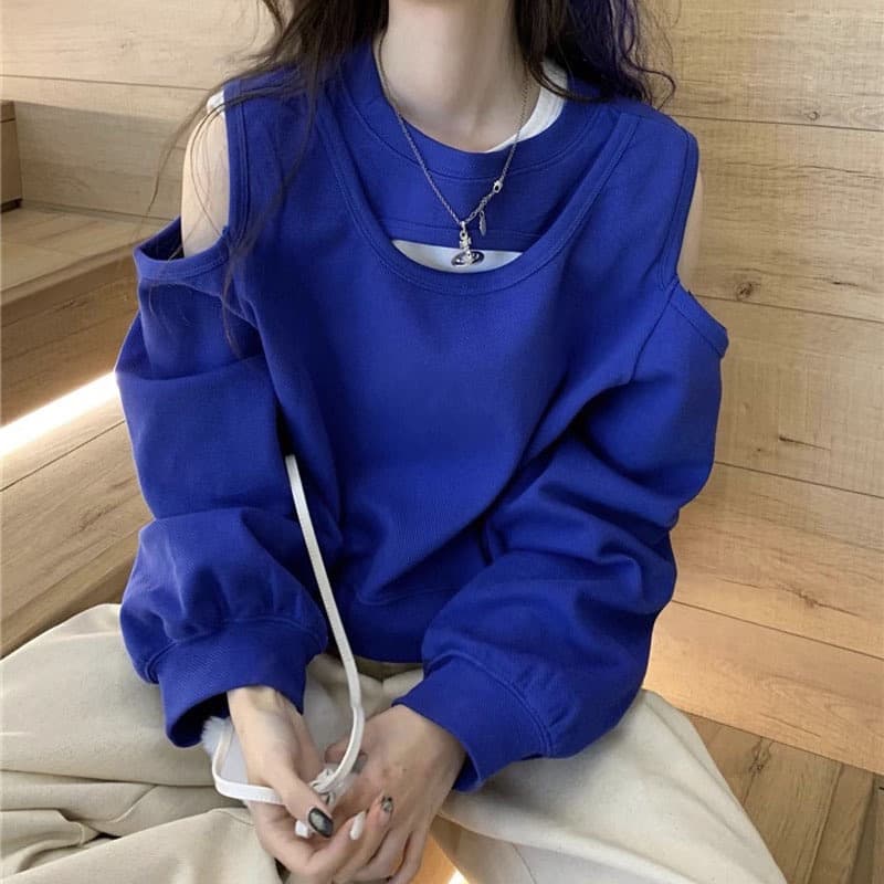 톰 글 래 블루 오프숄더 없음 모자 후드티 여성 봄과 가을 레트로 루즈핏 디자인 센스 작은 대중 쇼트 스타일 풀오버 긴팔 맨위 이미지 4