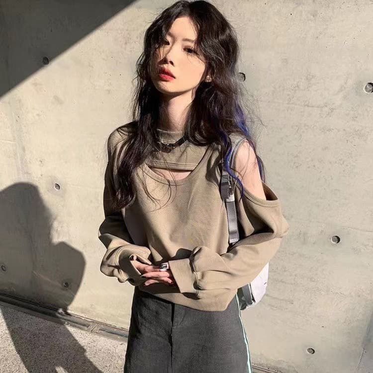 톰 글 래 블루 오프숄더 없음 모자 후드티 여성 봄과 가을 레트로 루즈핏 디자인 센스 작은 대중 쇼트 스타일 풀오버 긴팔 맨위 상세 이미지 4