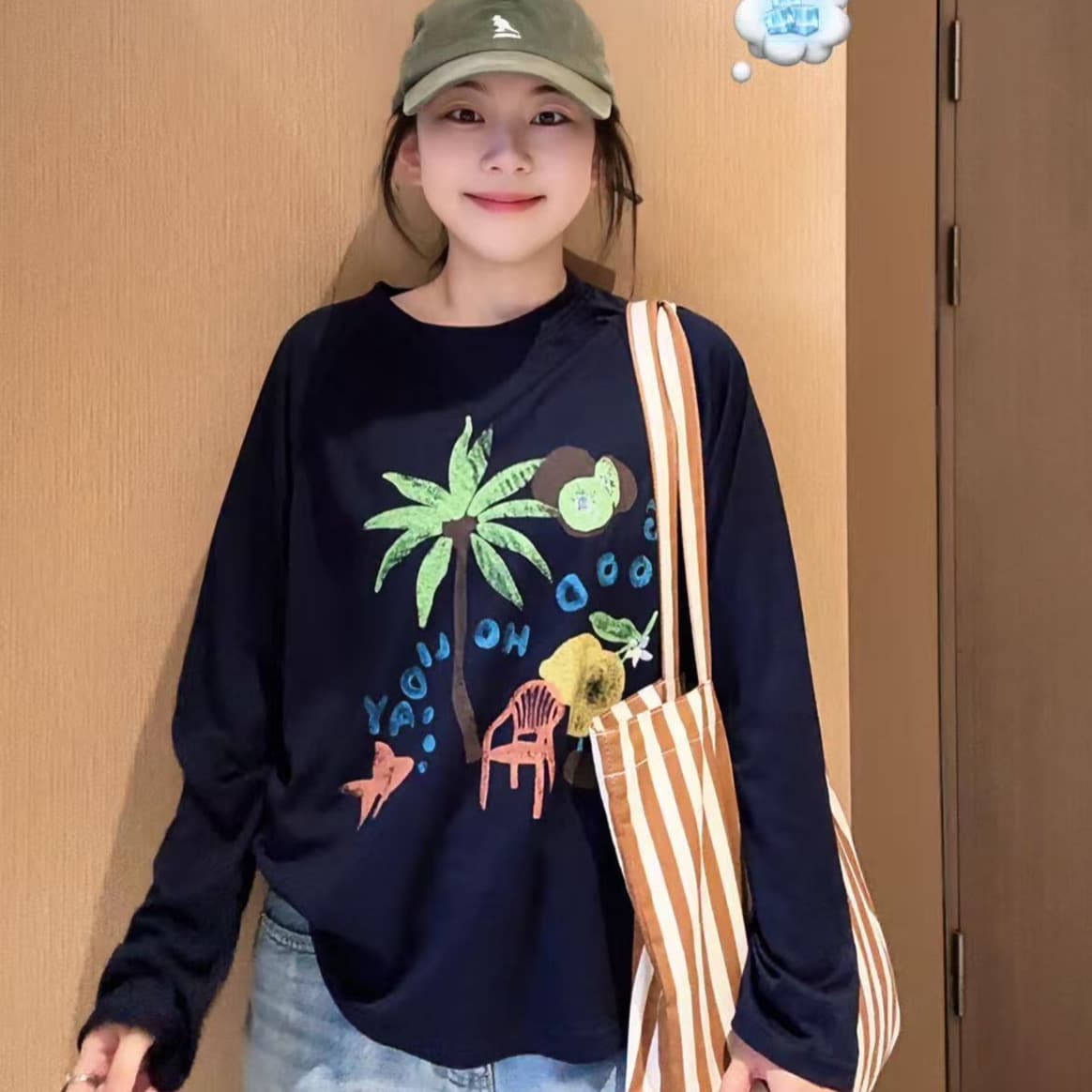 21 순면 이후 패키지 칼라 프린트 긴팔 티셔츠 여성 루즈핏 라운드 넥 맨위 상세 이미지 1