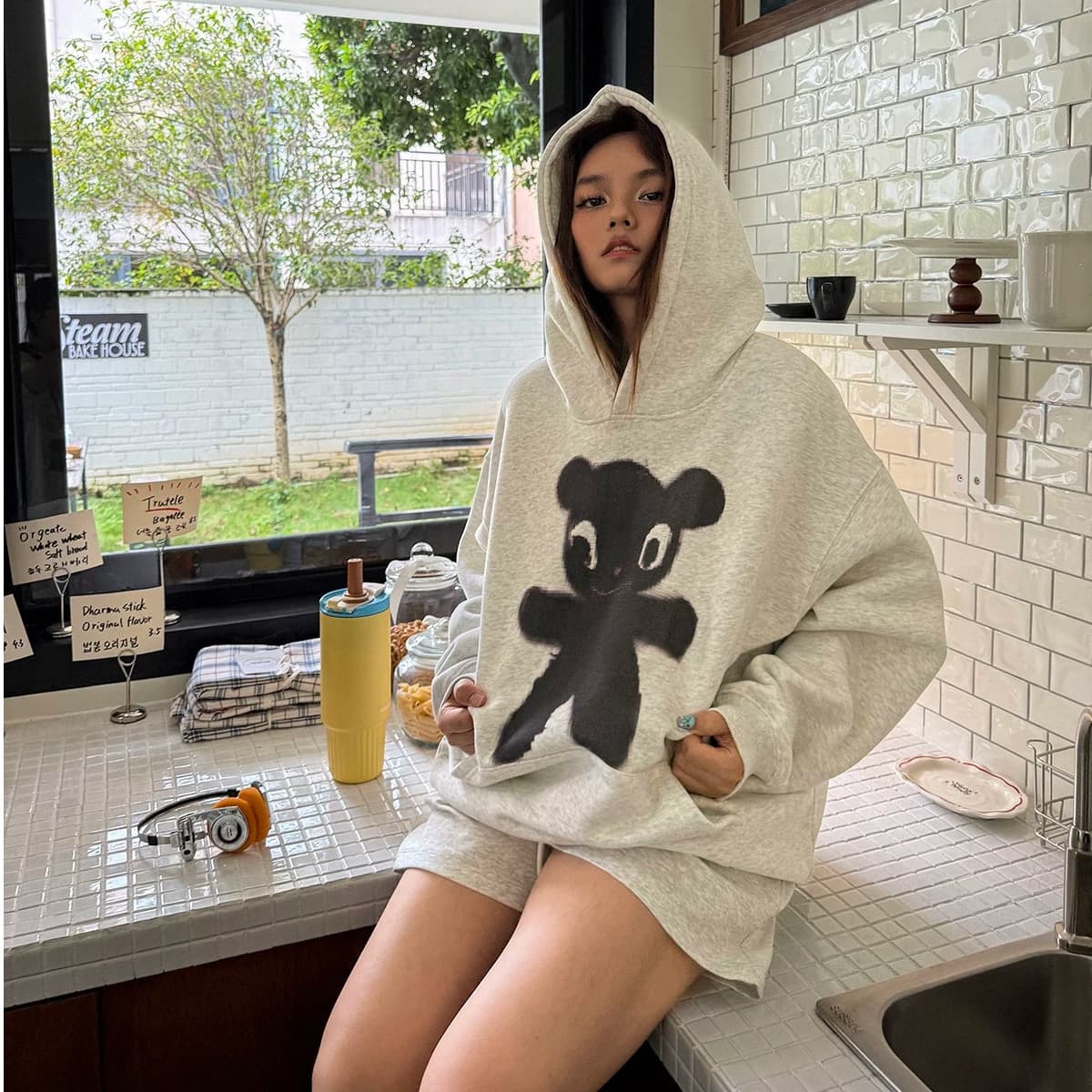 후아 면 복합 없음 모자 로프 있음 주머니 후드 티 스웨터 여성 얇은 스타일 털이 있는