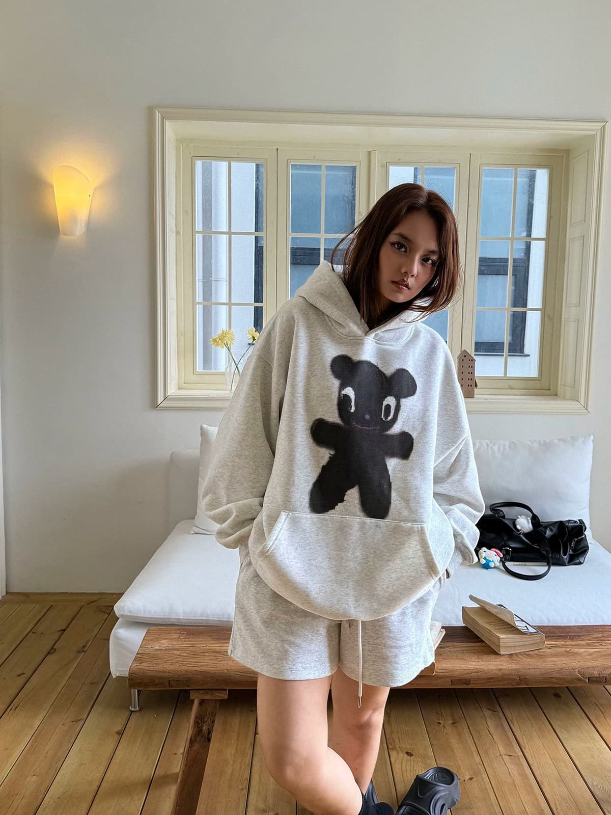 후아 면 복합 없음 모자 로프 있음 주머니 후드 티 스웨터 여성 얇은 스타일 털이 있는 상세 이미지 4