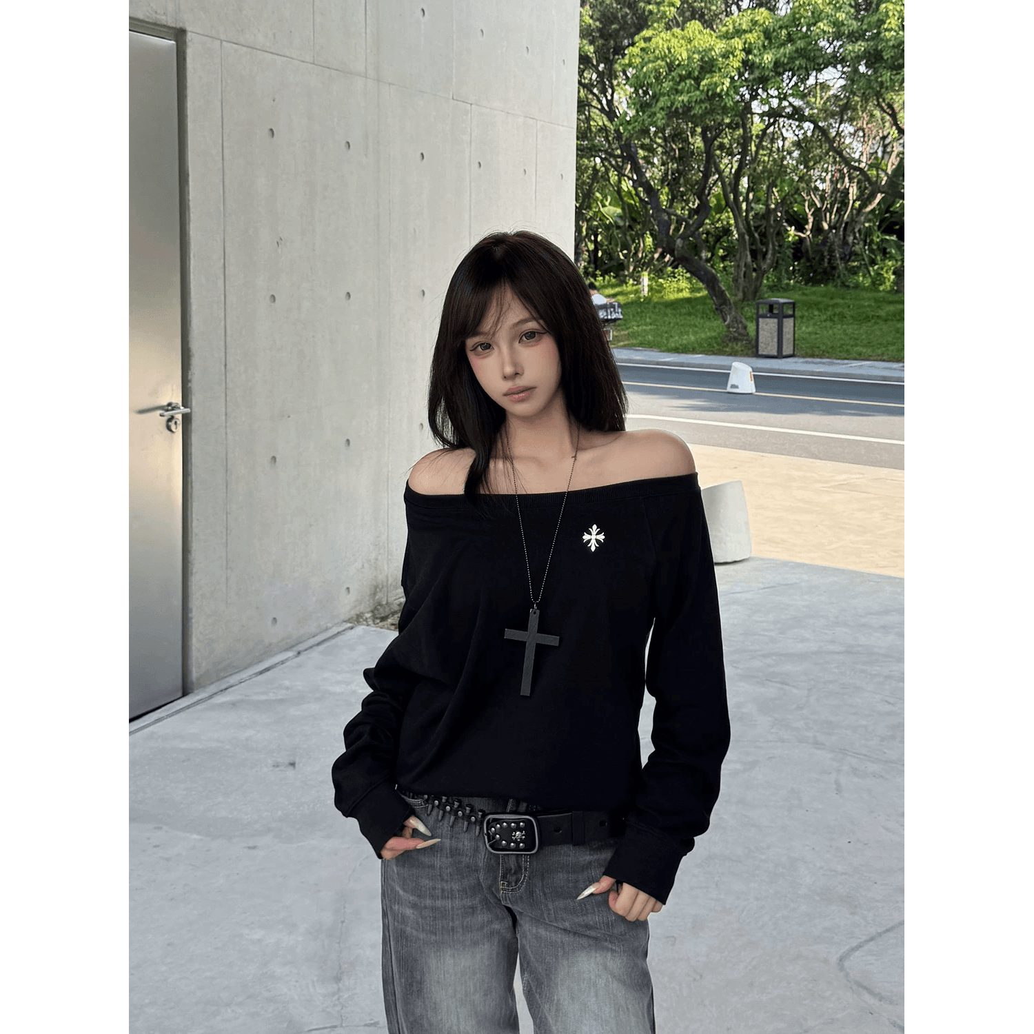 오리지널 아메리칸 핫걸 비스듬한 어깨 긴팔 후드티 여성 가을 슬림해 보이는 루즈핏 디자인 센스 다용도 맨위 이미지 5
