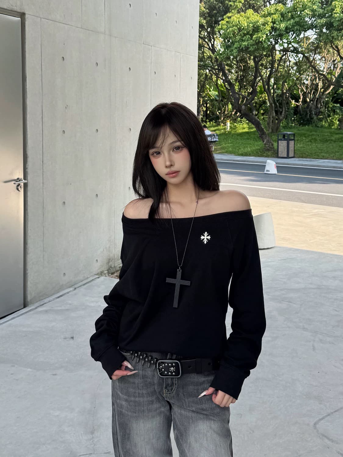 오리지널 아메리칸 핫걸 비스듬한 어깨 긴팔 후드티 여성 가을 슬림해 보이는 루즈핏 디자인 센스 다용도 맨위 상세 이미지 5