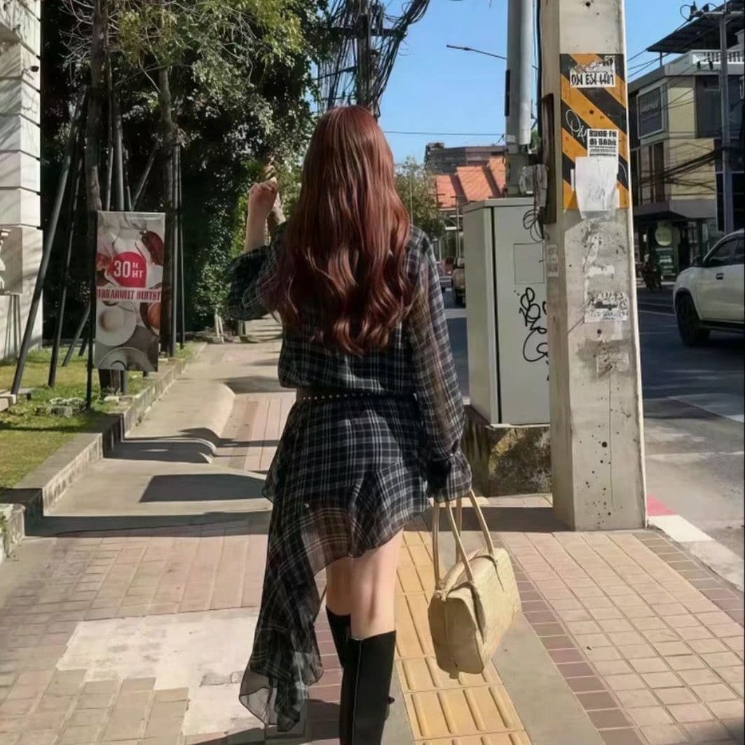한 부서 레트로 체크무늬 프릴 긴팔 허리 수축 슬림해 보이는 한 마디 드레스 이미지 3