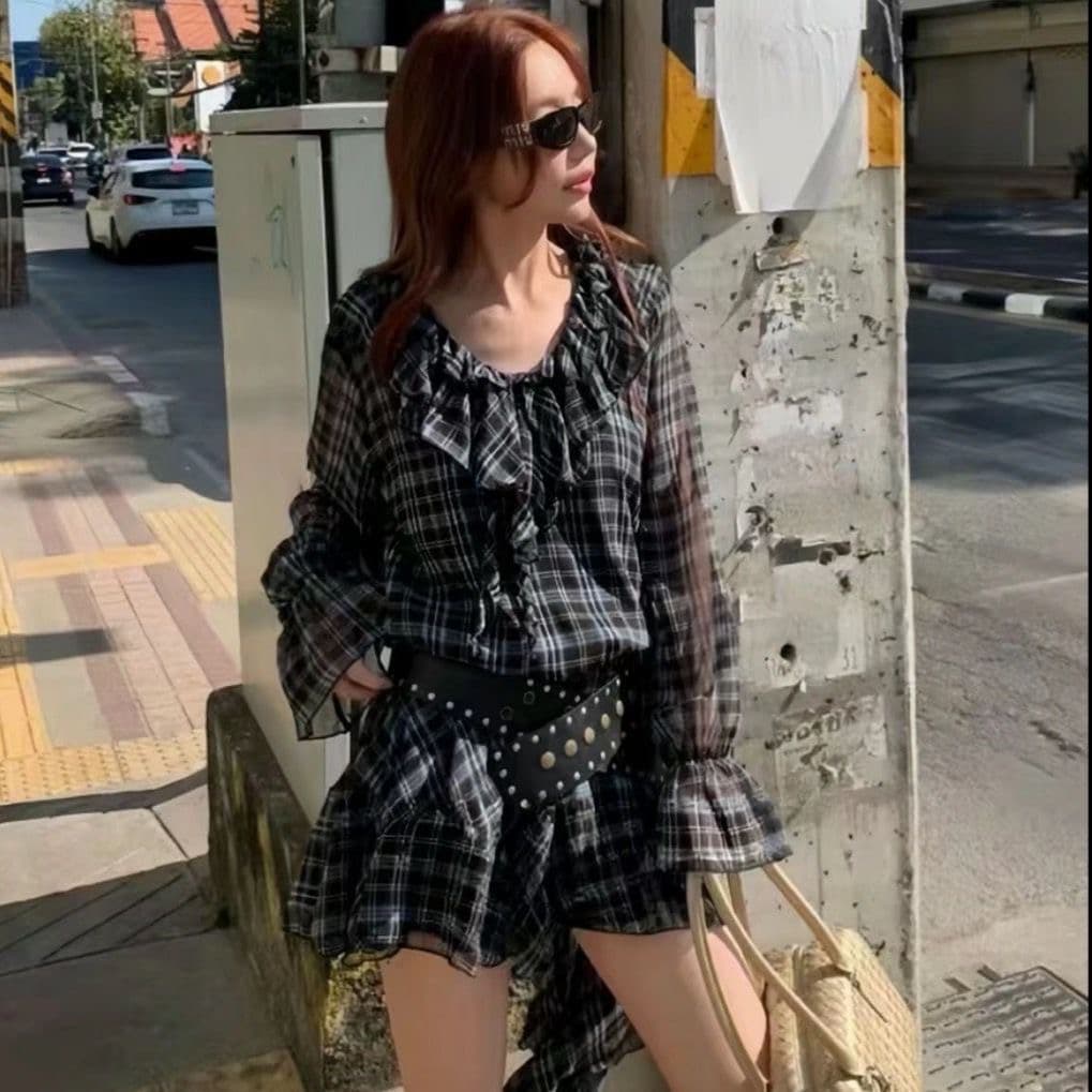 한 부서 레트로 체크무늬 프릴 긴팔 허리 수축 슬림해 보이는 한 마디 드레스 상세 이미지 4