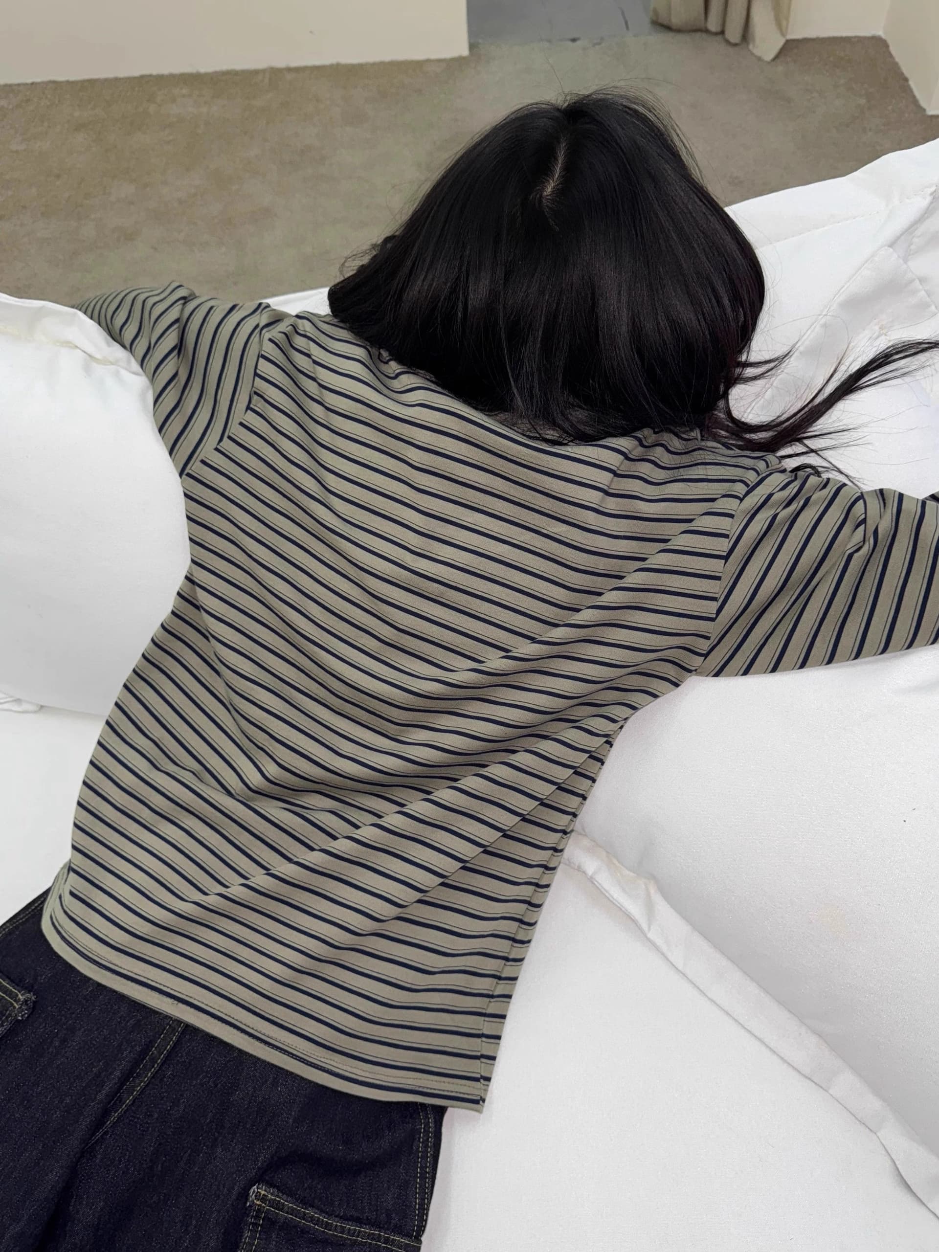 원본 원단 240 그램 조수 브랜드 더블 실 고급 빗질된 면 스트라이프 라운드 넥 긴팔 티셔츠 여성 이미지 4