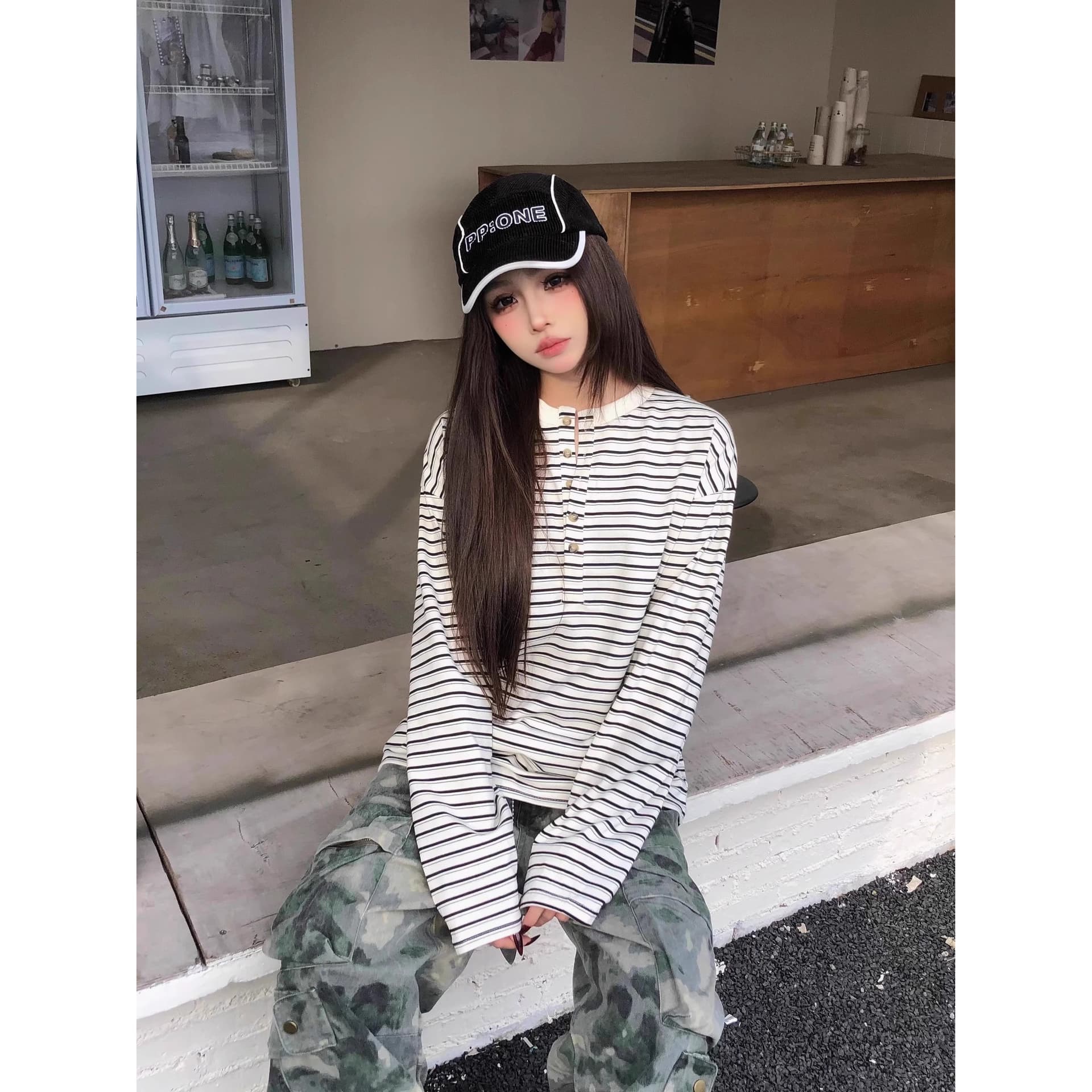 원본 원단 240 그램 조수 브랜드 더블 실 고급 빗질된 면 스트라이프 라운드 넥 긴팔 티셔츠 여성 이미지 5