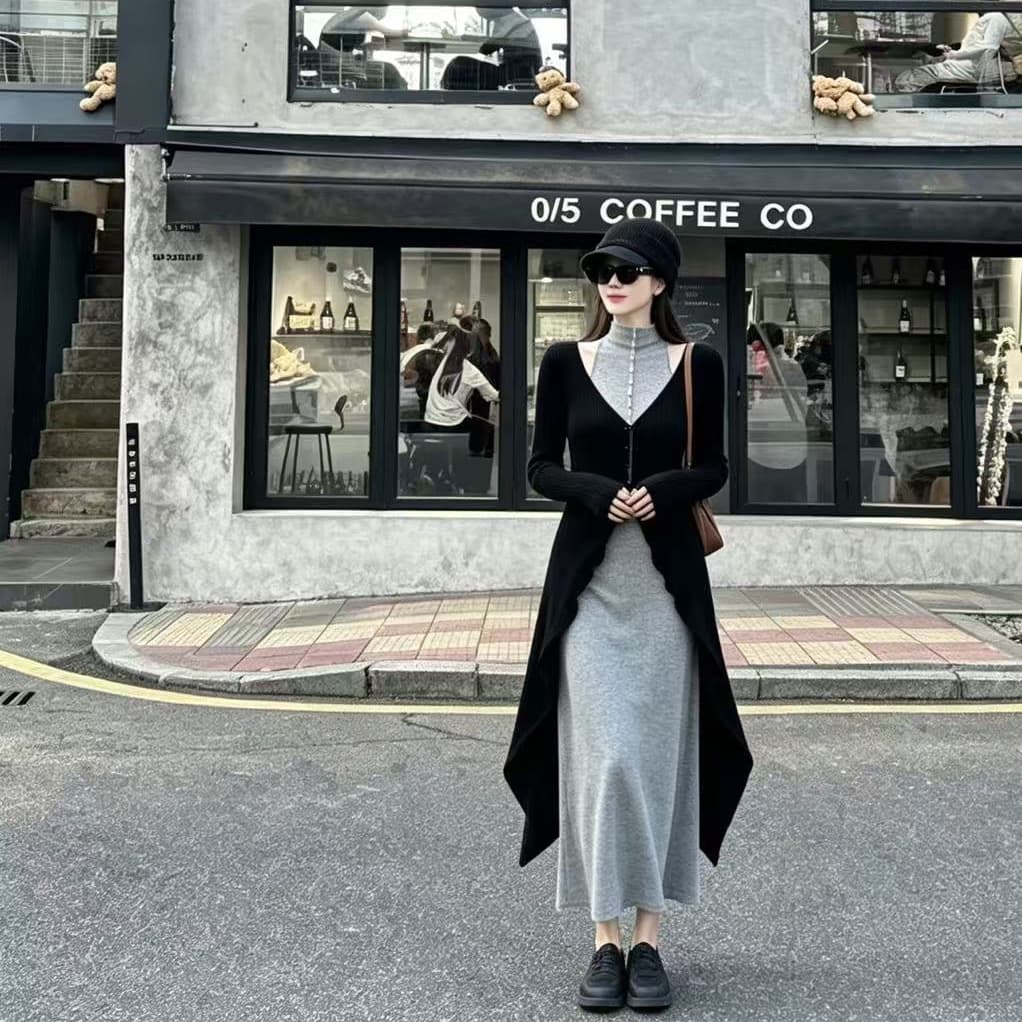 서리가 내린 바람 로얄 자매 팬 착용 가져 가라. 세트 이른 가을 고급 센스 투피스 세트 회색 몸매 가꾸기 치마 검정색 오픈 가디건 이미지 2