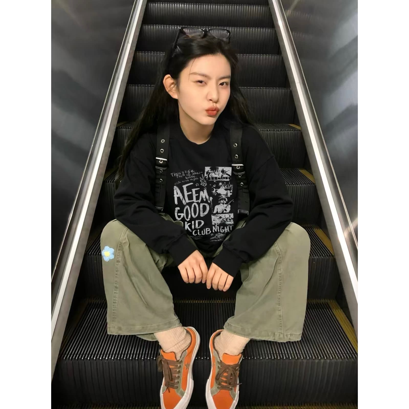 원본 것 순면 200그램 21 음식 털 느낌 프린트 루즈핏 만나는 손 소매 뭉치 구두 긴 소매 티셔츠