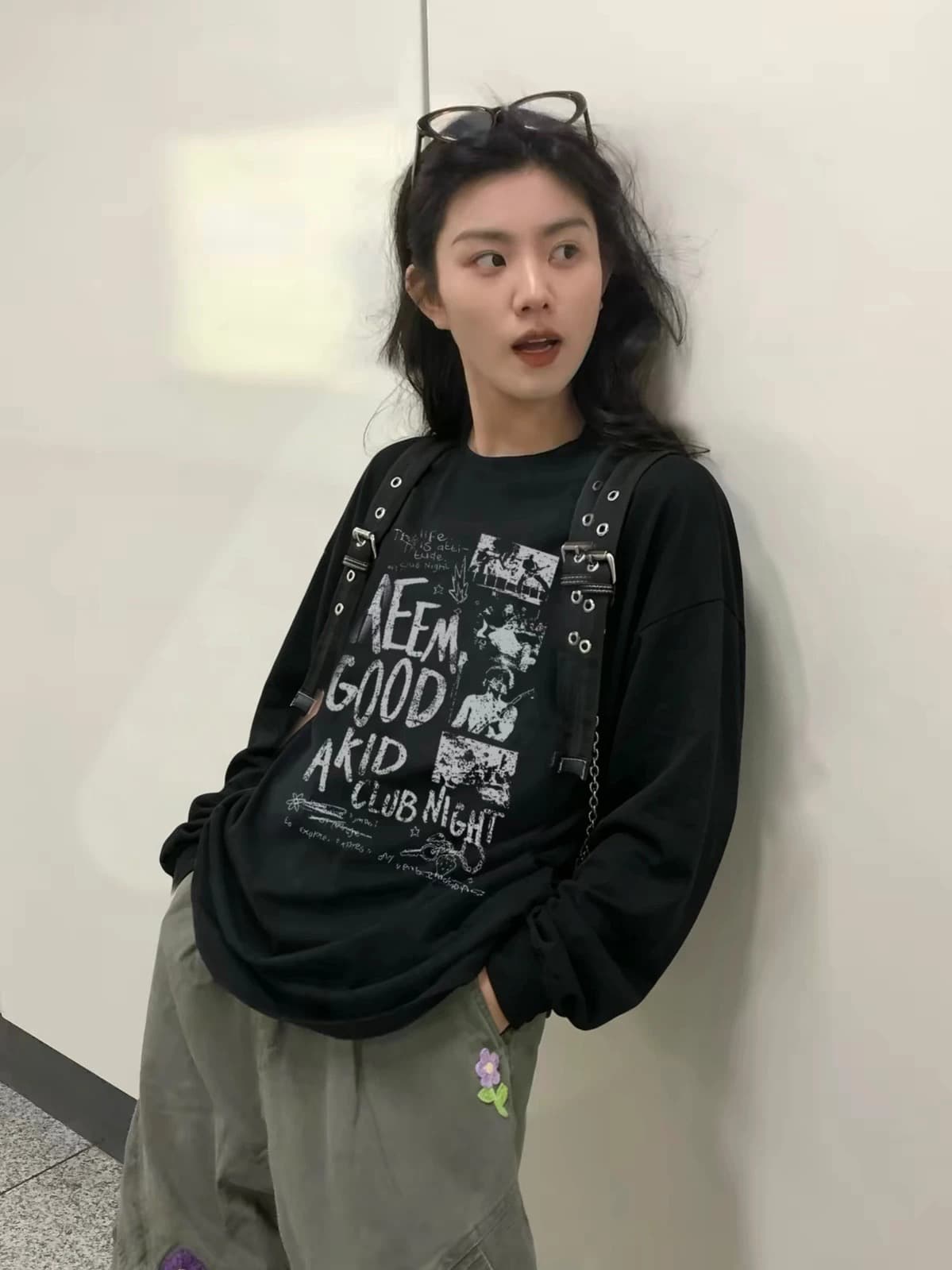 원본 것 순면 200그램 21 음식 털 느낌 프린트 루즈핏 만나는 손 소매 뭉치 구두 긴 소매 티셔츠 상세 이미지 1