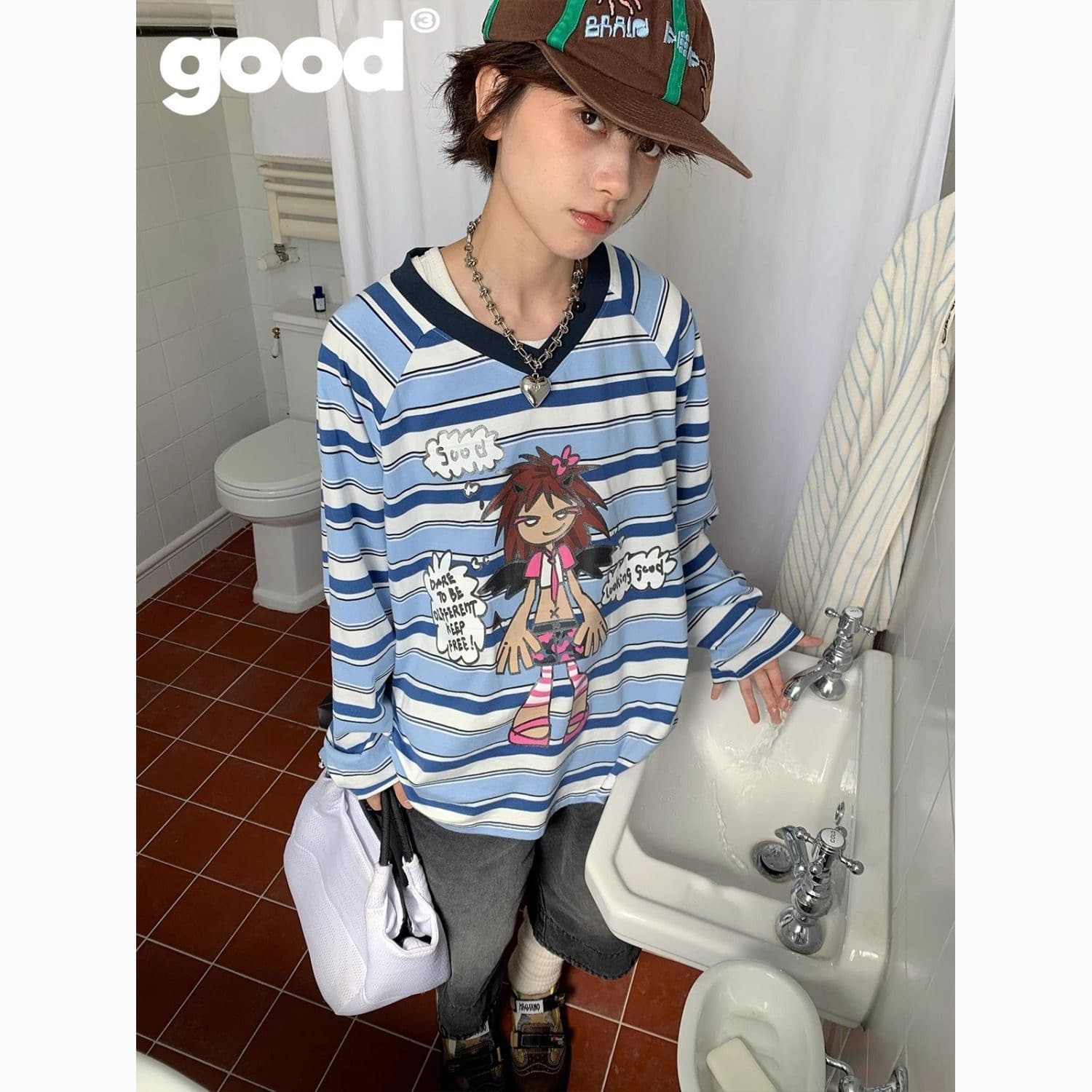 연령 감소 만화 프린트 스트라이프 배색 긴팔 기본 셔츠 가을 디자인 센스 루즈핏 다용도 티셔츠 슬림해 보이는 맨위 이미지 5
