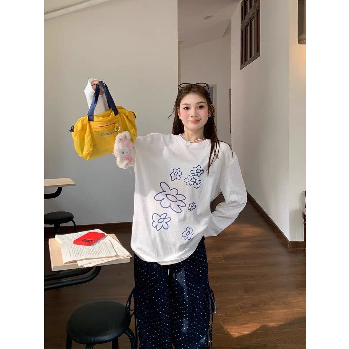 21 순면 210 그램 가을 의상 긴팔 티셔츠 여성 루즈핏 맨위