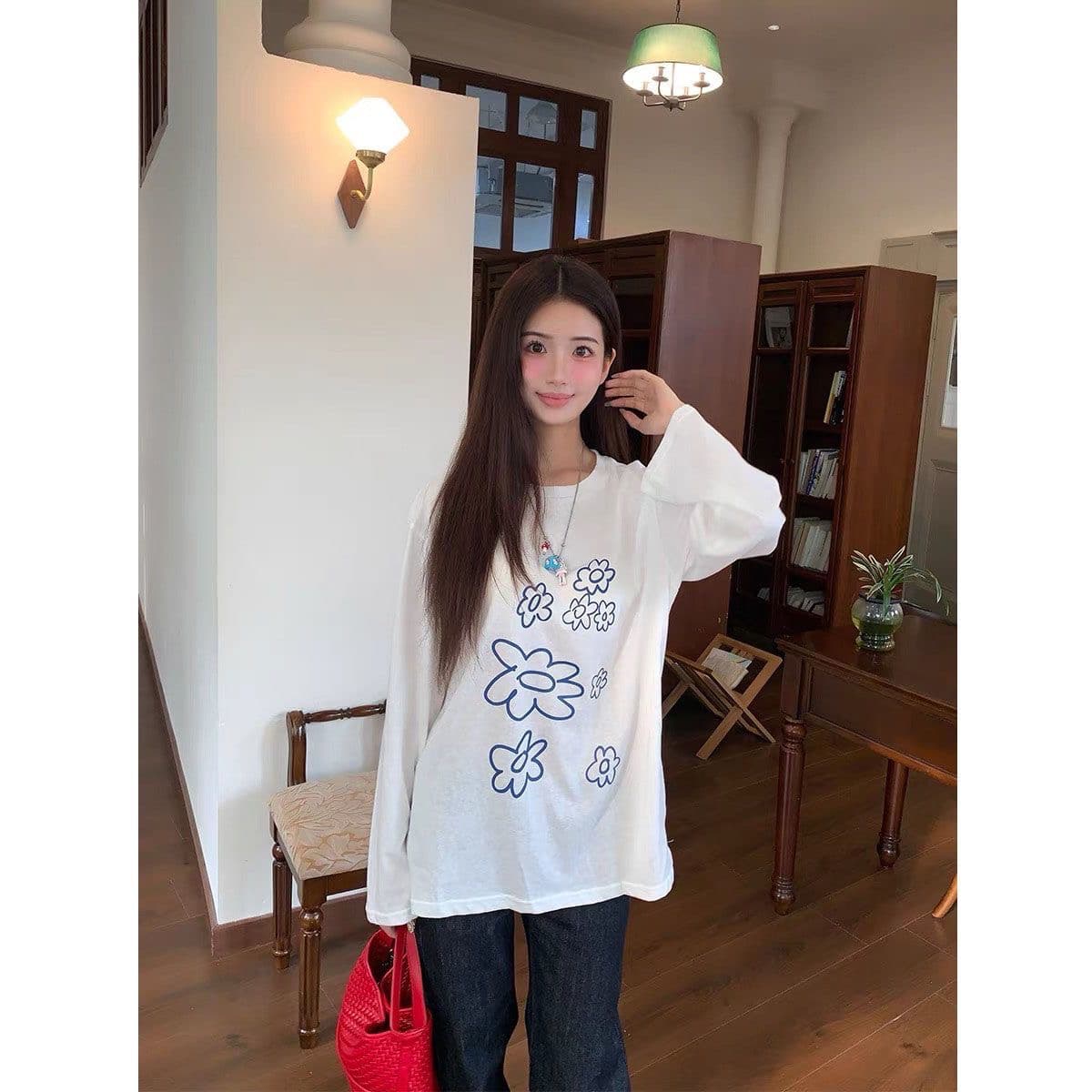 21 순면 210 그램 가을 의상 긴팔 티셔츠 여성 루즈핏 맨위 이미지 2