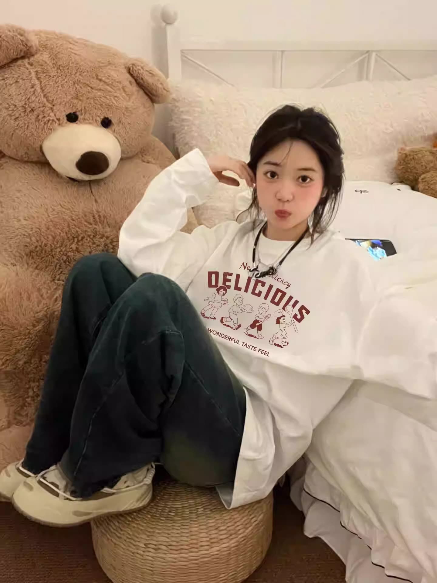 21 순면 210 그램 가을 의상 긴팔 티셔츠 여성 루즈핏 맨위 상세 이미지 2