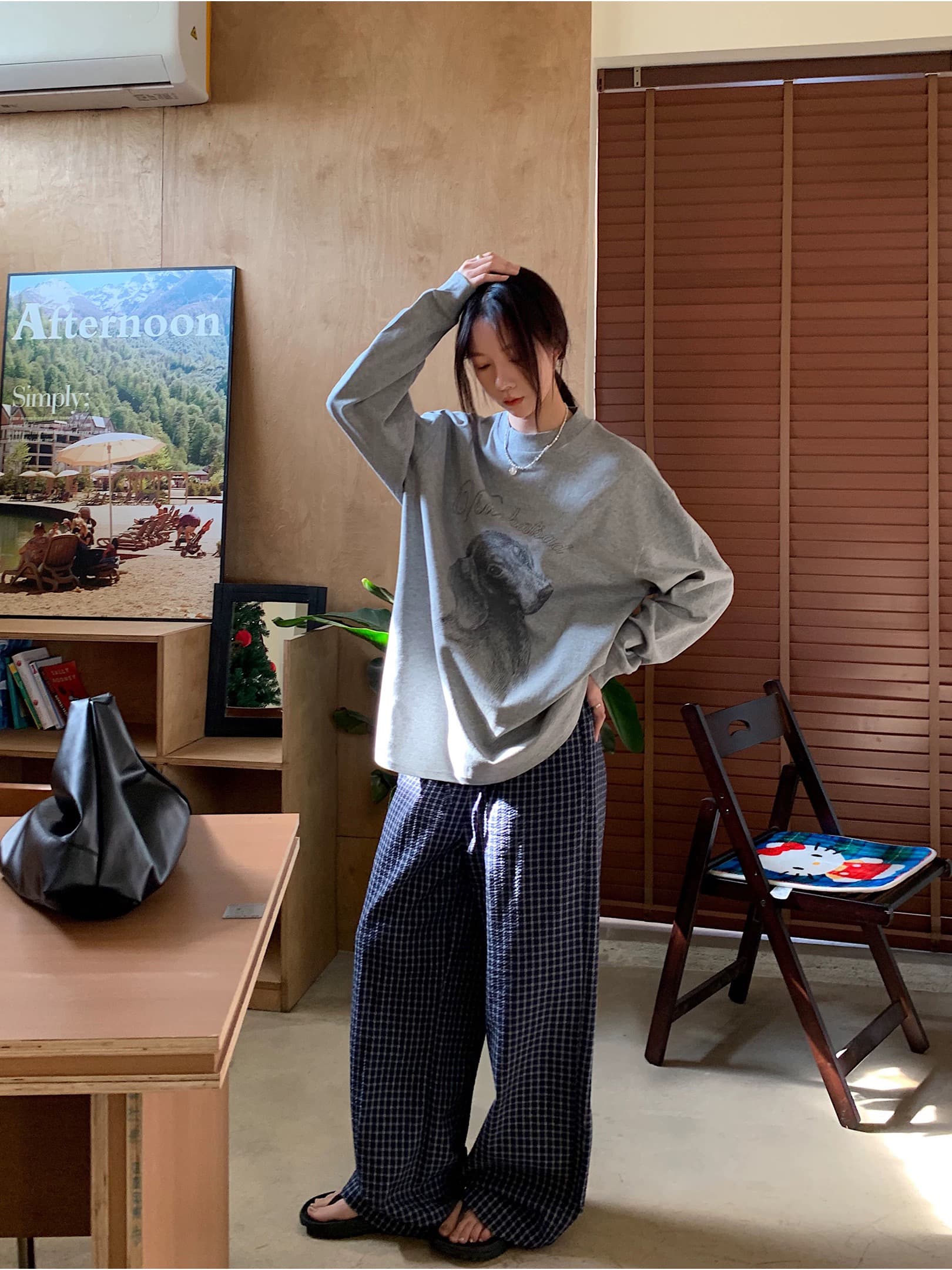 오후 농장 강아지 프린트 다용도 캐주얼 순면 긴팔 티셔츠 여성 다용도 루즈핏 맨위 상세 이미지 2