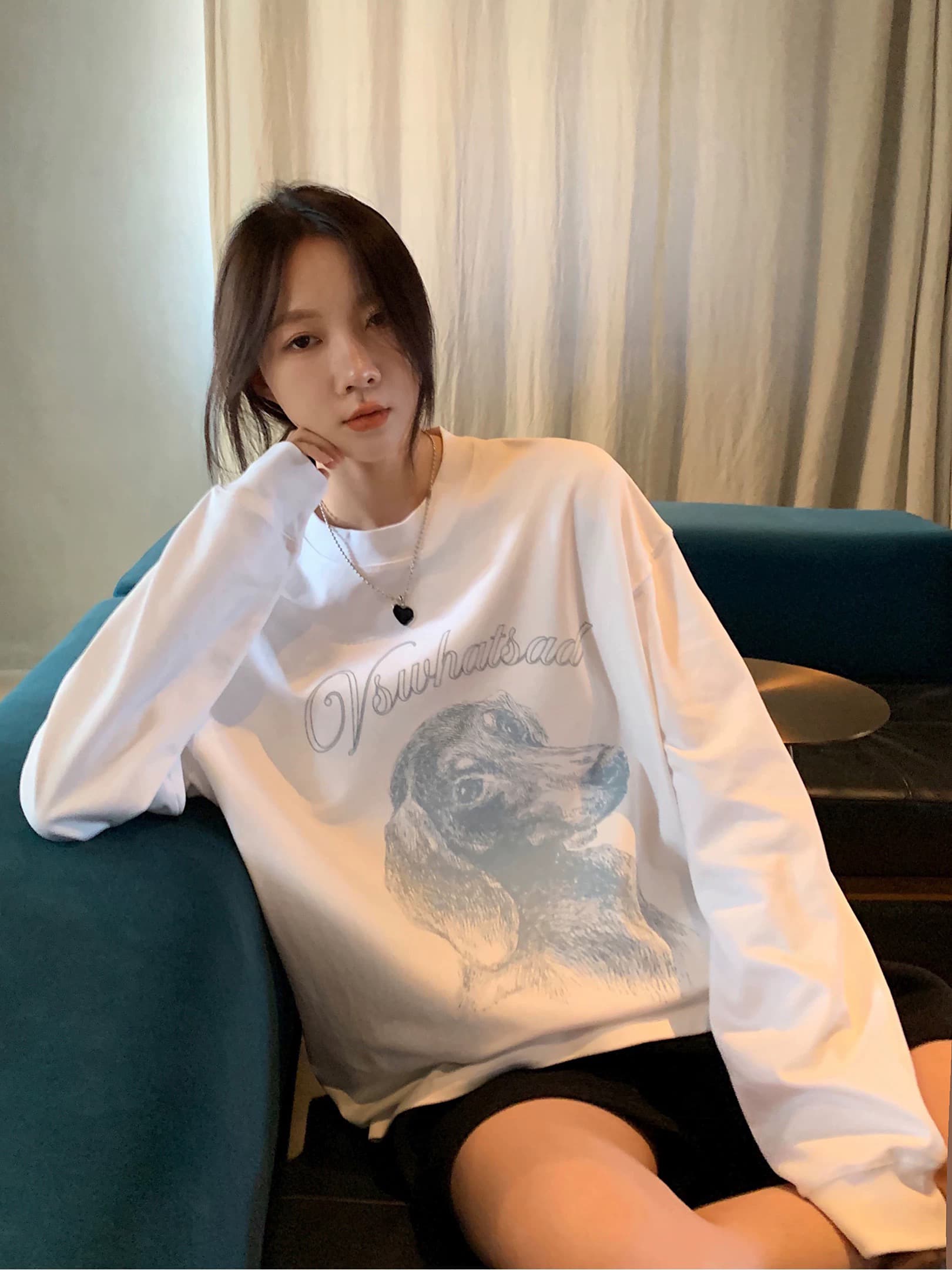 오후 농장 강아지 프린트 다용도 캐주얼 순면 긴팔 티셔츠 여성 다용도 루즈핏 맨위 상세 이미지 3