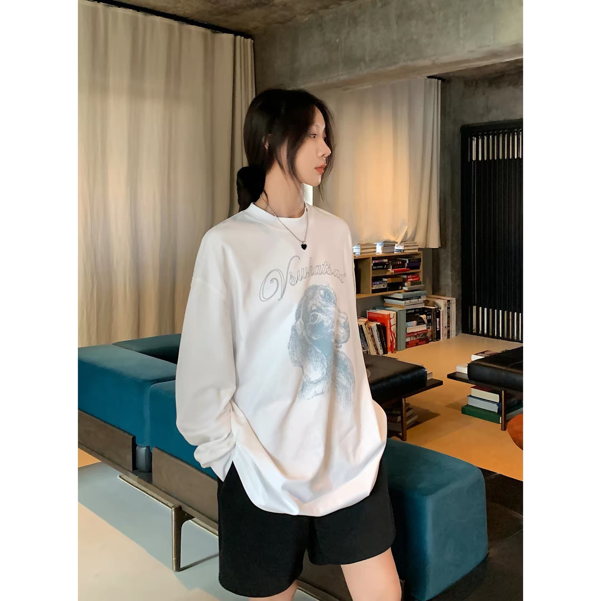 오후 농장 강아지 프린트 다용도 캐주얼 순면 긴팔 티셔츠 여성 다용도 루즈핏 맨위 상세 이미지 4