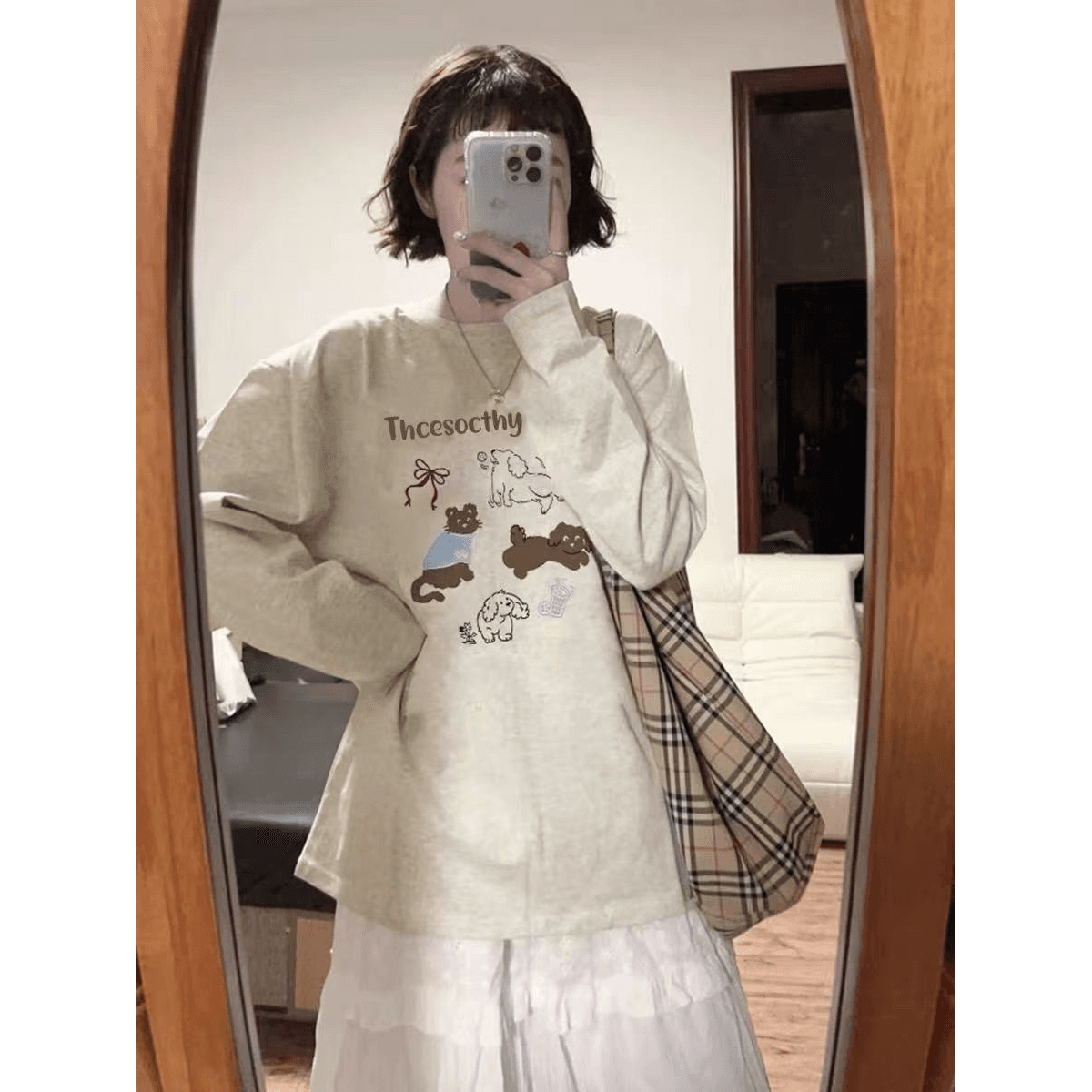 높은 품질 순면 200그램 21 빗질하다 정밀 프린트 가을 루즈핏 긴팔 티셔츠 여성 이미지 5