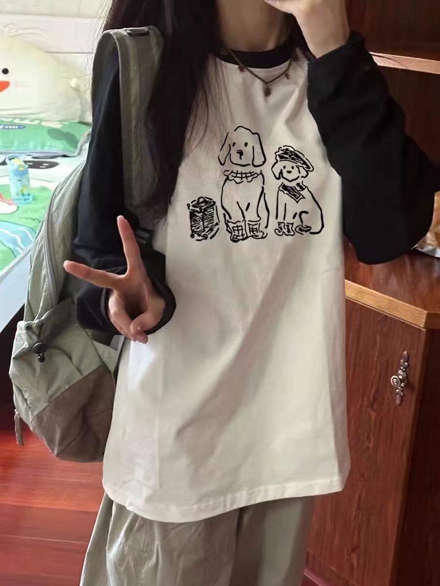 높은 품질 순면 200그램 21 빗질하다 정밀 프린트 가을 패치워크 색상 긴팔 티셔츠 여성 상세 이미지 2
