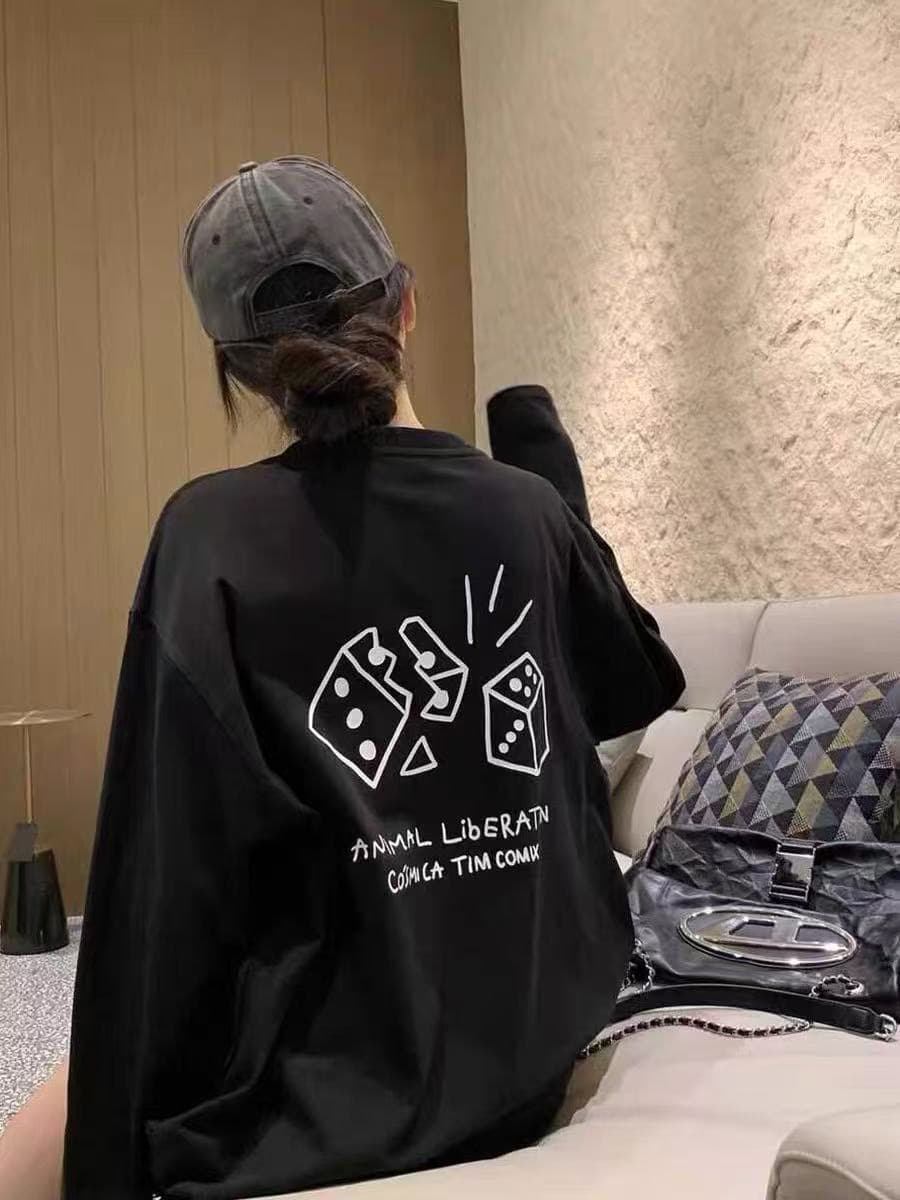 높은 품질 순면 200그램 21 빗질하다 정밀 프린트 가을 루즈핏 긴팔 티셔츠 여성