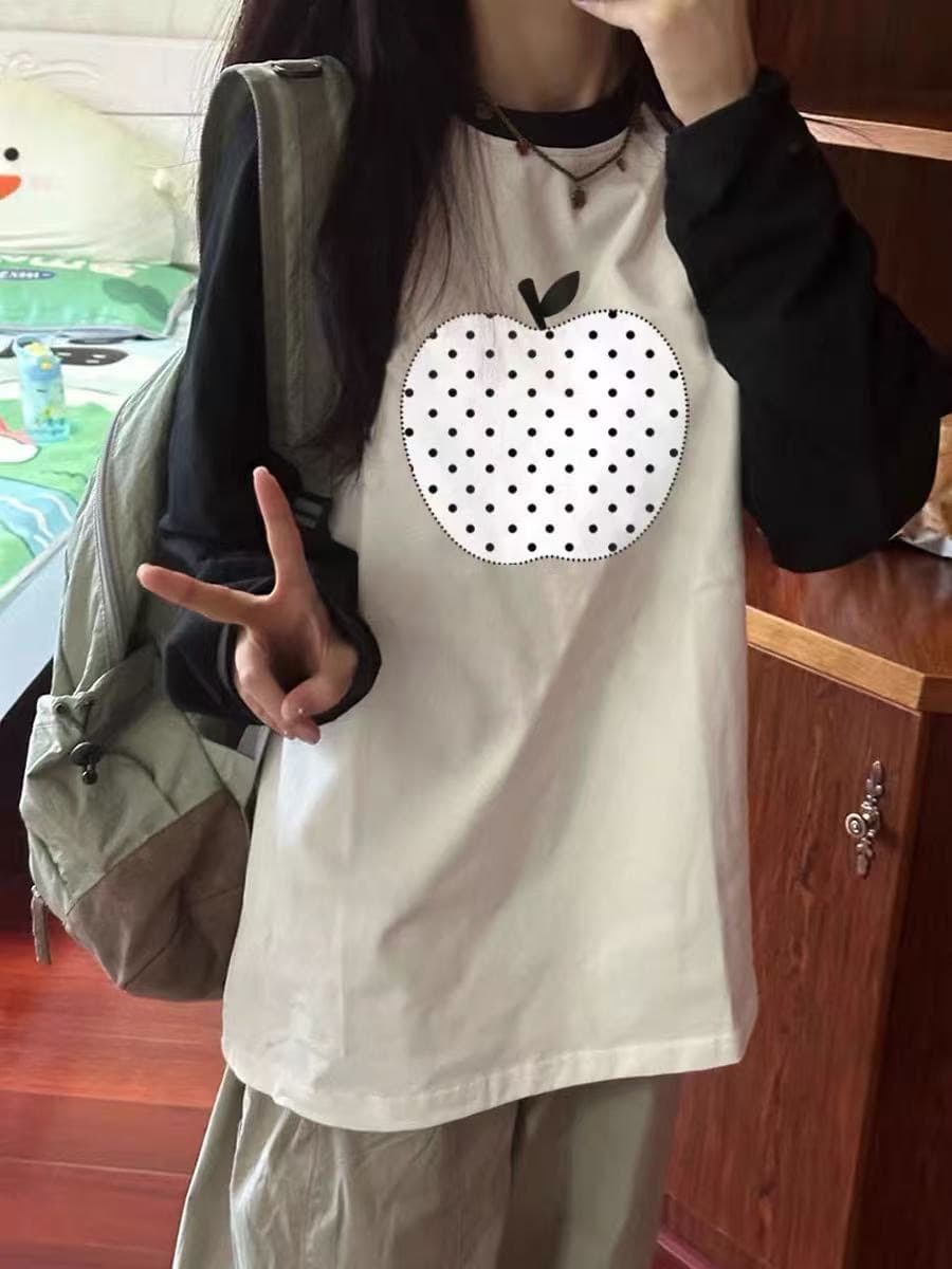 높은 품질 순면 200그램 21 빗질하다 정밀 프린트 가을 패치워크 색상 긴팔 티셔츠 여성 이미지 2