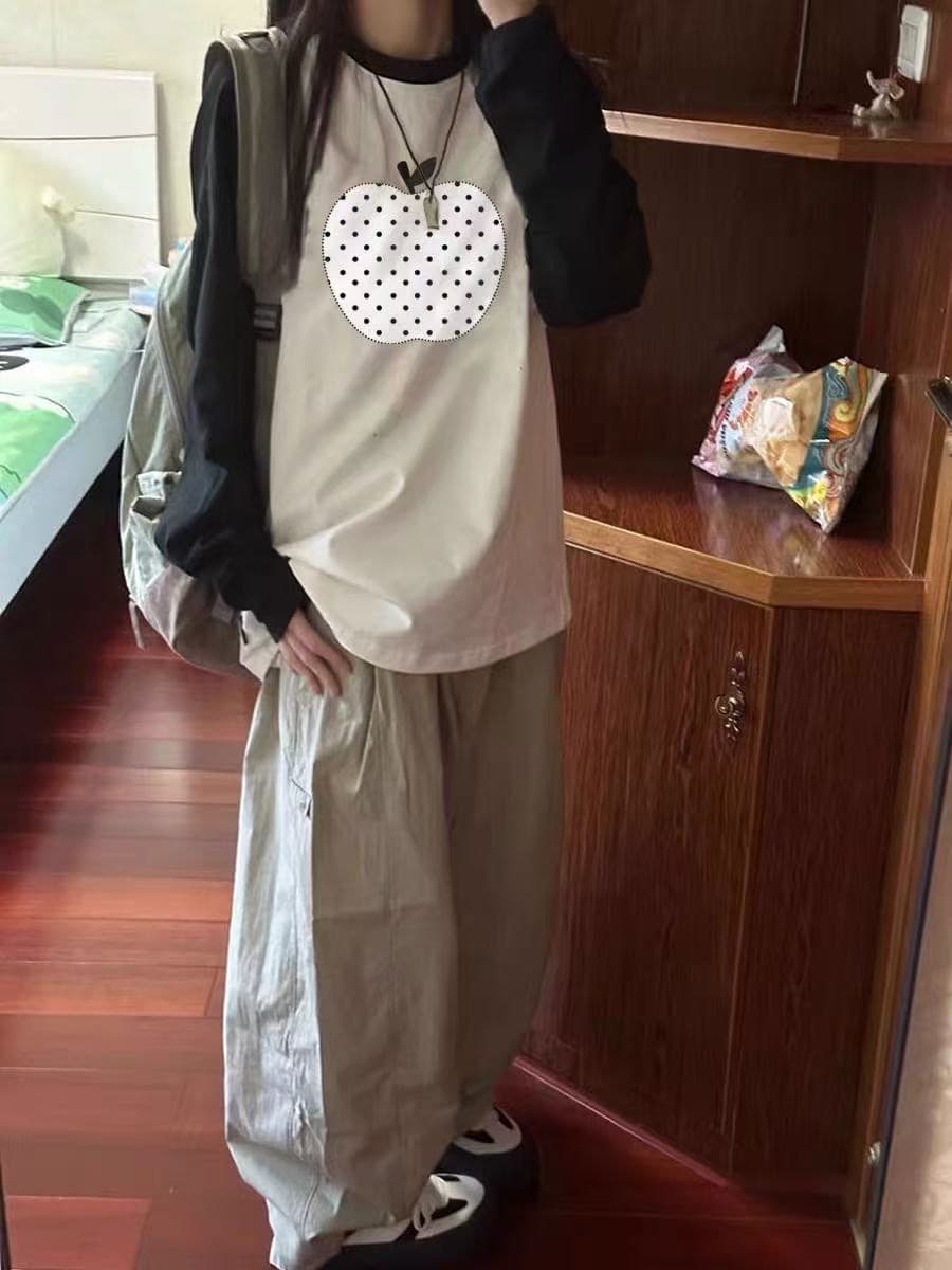 높은 품질 순면 200그램 21 빗질하다 정밀 프린트 가을 패치워크 색상 긴팔 티셔츠 여성 이미지 3