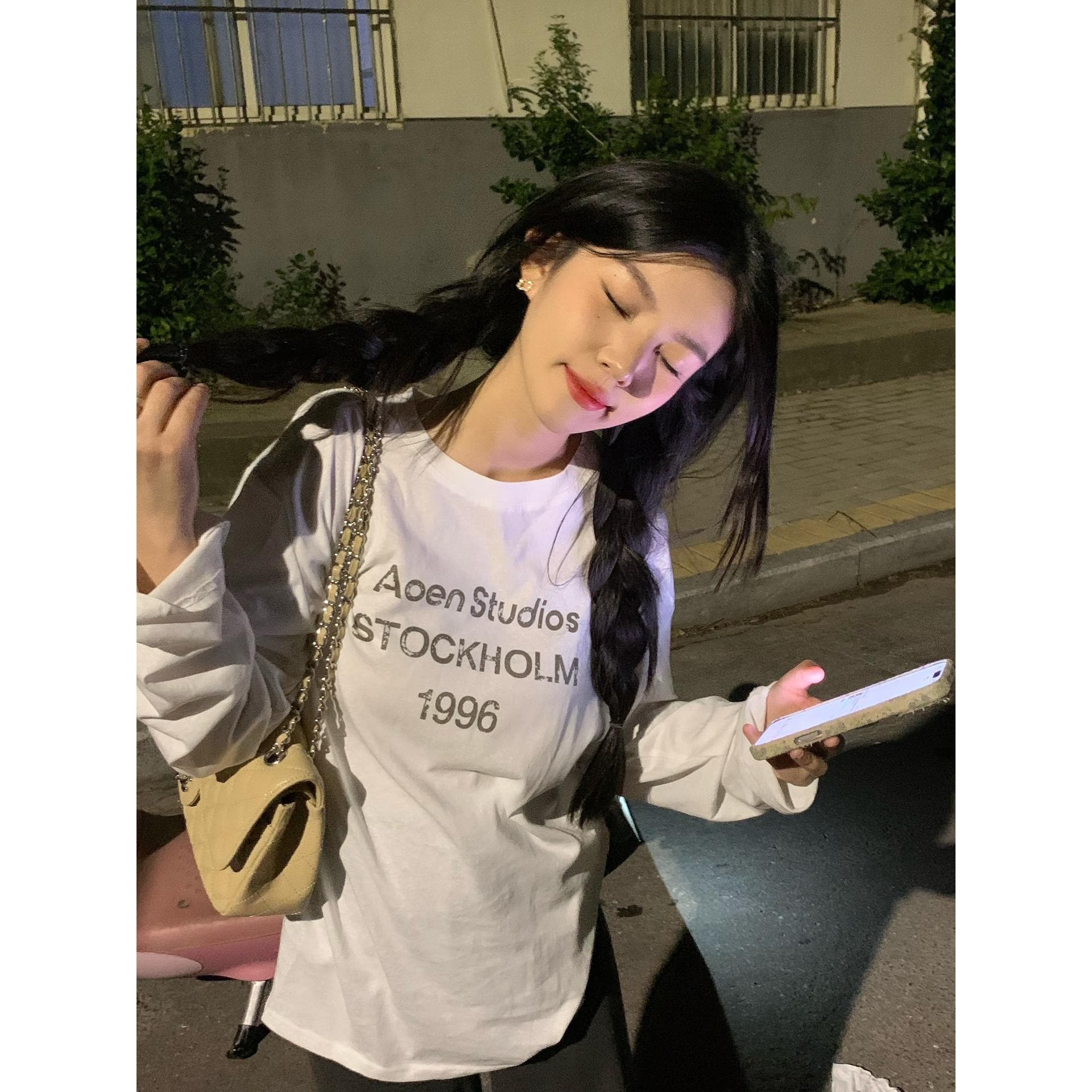 높은 품질 순면 200그램 21 빗질하다 정밀 프린트 가을 루즈핏 긴팔 티셔츠 여성 이미지 5