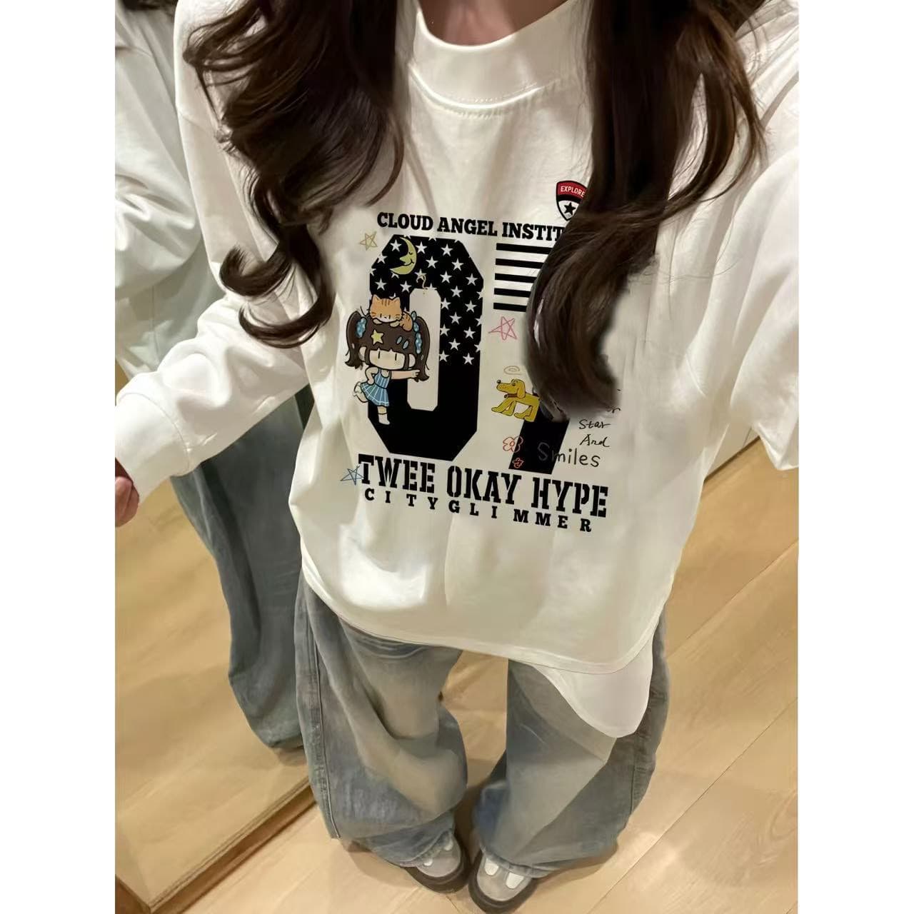 원본 것 순면 200그램 21 음식 털 느낌 프린트 루즈핏 만나는 손 소매 뭉치 구두 긴팔