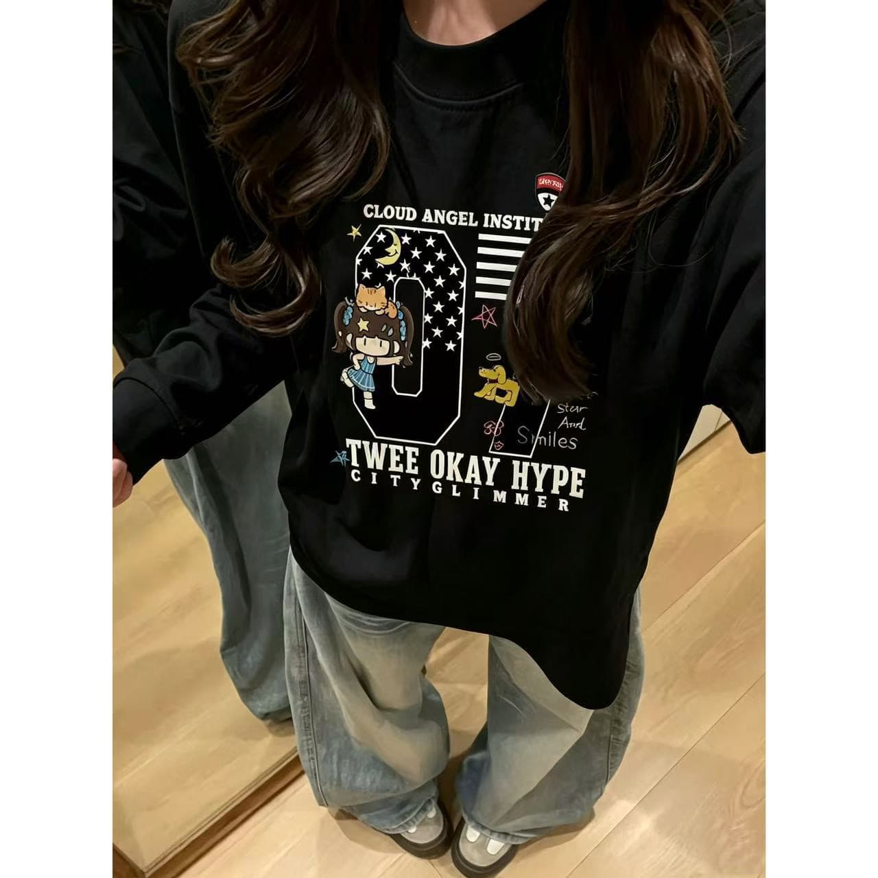 원본 것 순면 200그램 21 음식 털 느낌 프린트 루즈핏 만나는 손 소매 뭉치 구두 긴팔 상세 이미지 3