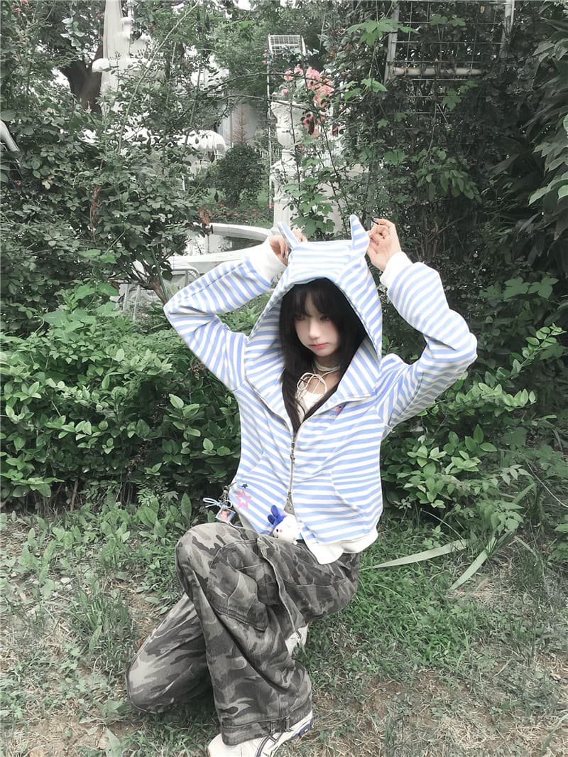 순수한 Mianhua 면 2026 털이 있고 두꺼운 아메리칸 높음 거리 후드 티 스웨터 오픈 가디건 여성 스트라이프 재킷 상세 이미지 3
