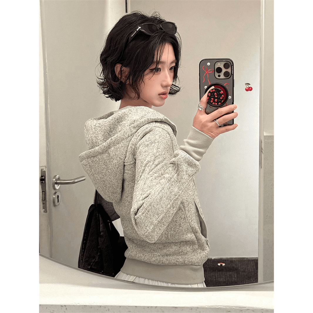 순수한 Mianhua 면 후드 티 스웨터 여성 가을 오픈 가디건 몸매 가꾸기 쇼트 스타일 재킷 맨위 털이 있는 이미지 5